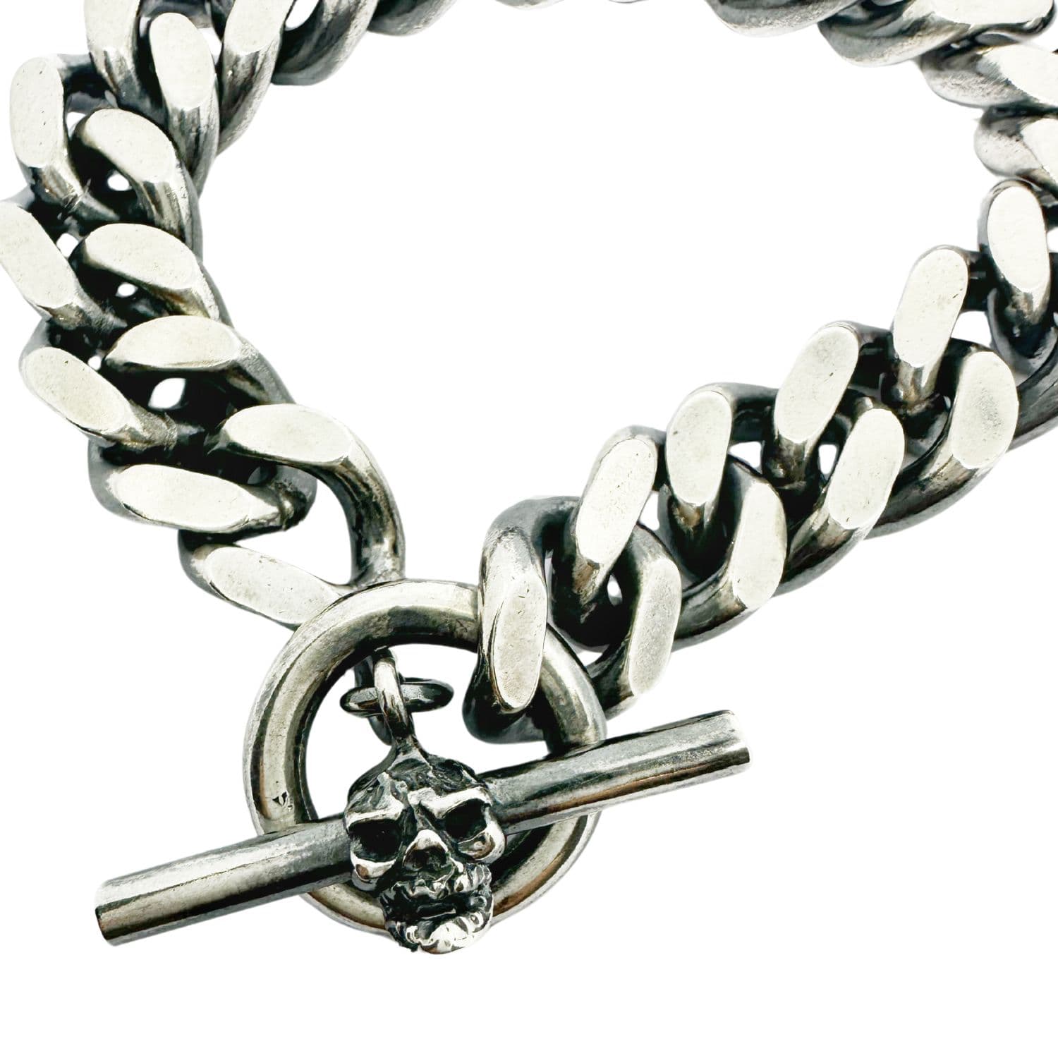 Skull Heavy Curb Chain Bracelet in Sterling Silver 925 — Skull T-Bar Clasp Close-Up — Japanese Power Symbol Carved in Wax Before Casting — Lost Wax Technique — Handmade by Tamara Gervasio