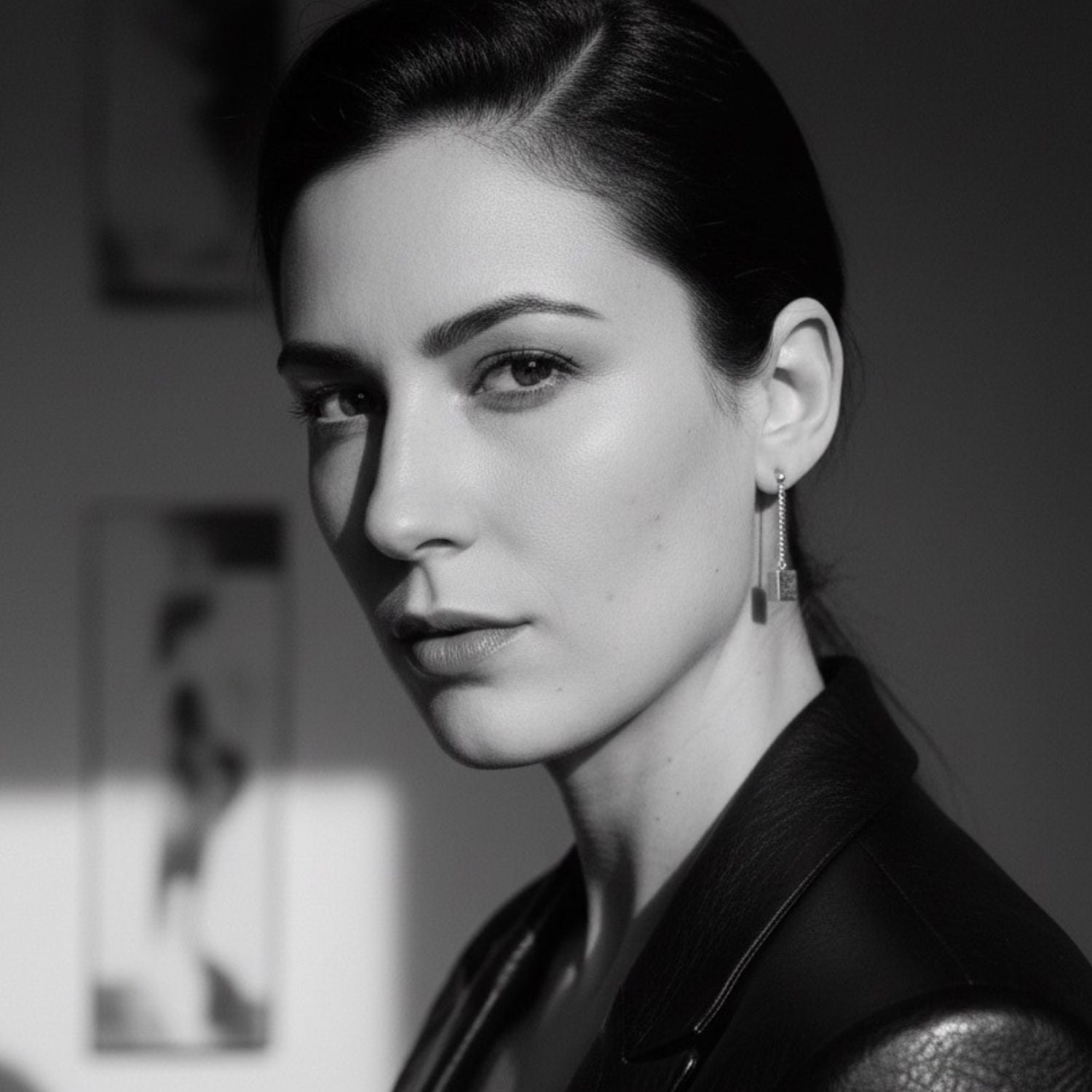 Model wearing sterling silver 925 square drop earrings, 4cm drop length, showing movement and scale