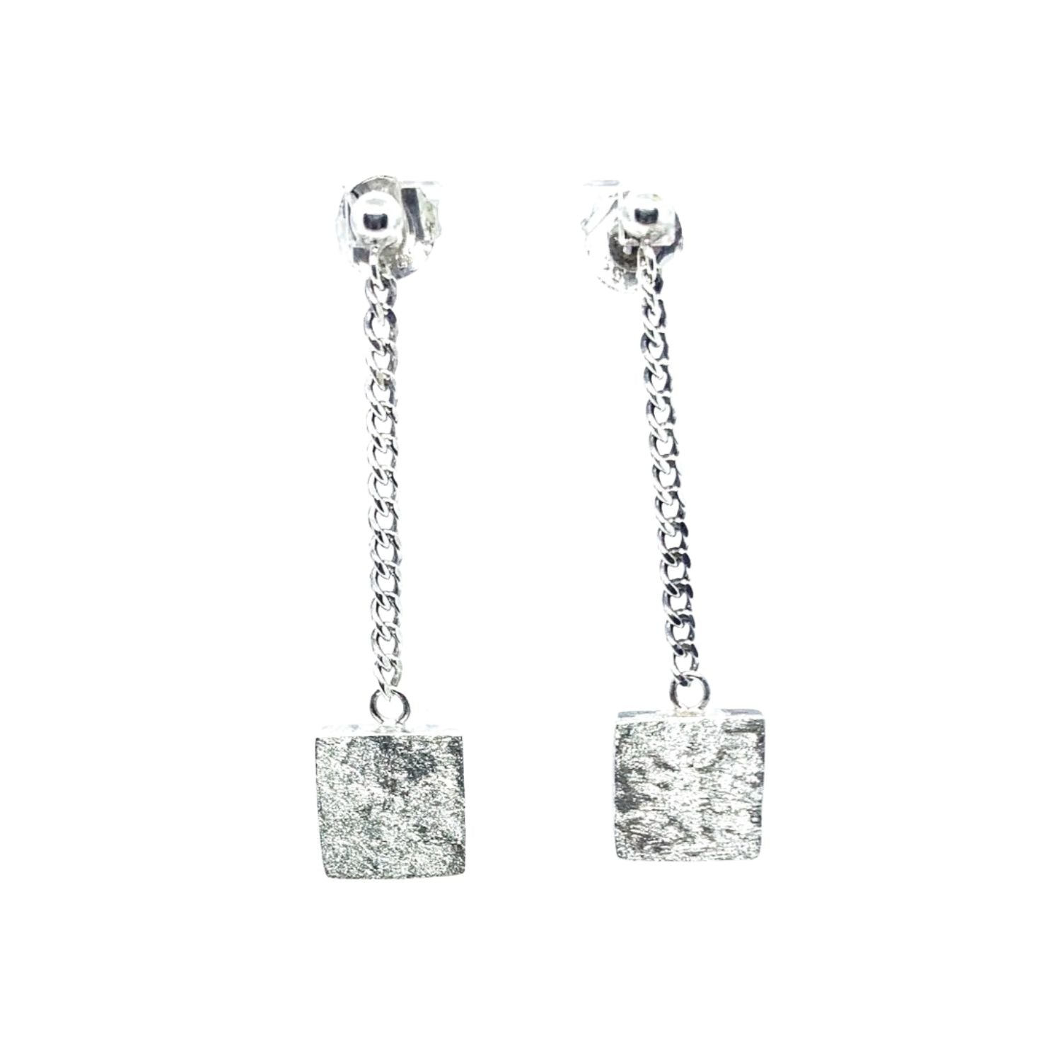 Sterling silver 925 square drop chain stud earrings with hammered texture and polished curb chain, handmade in Cornwall- Tg-Jewellery By Tamara Gervasio