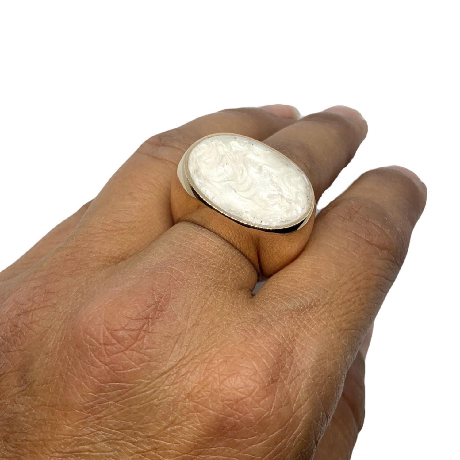 One of a Kind Cocktail Ring in Bronze with Mother of Pearl Ceramic Enamel — Enamel Close-Up — Handmade by Tamara