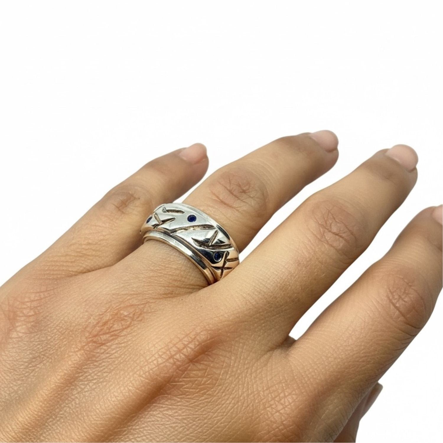 Model wearing sterling silver 925 abstract chunky ring with sapphires, lost wax cast, UK hallmarked, Chunky Collection