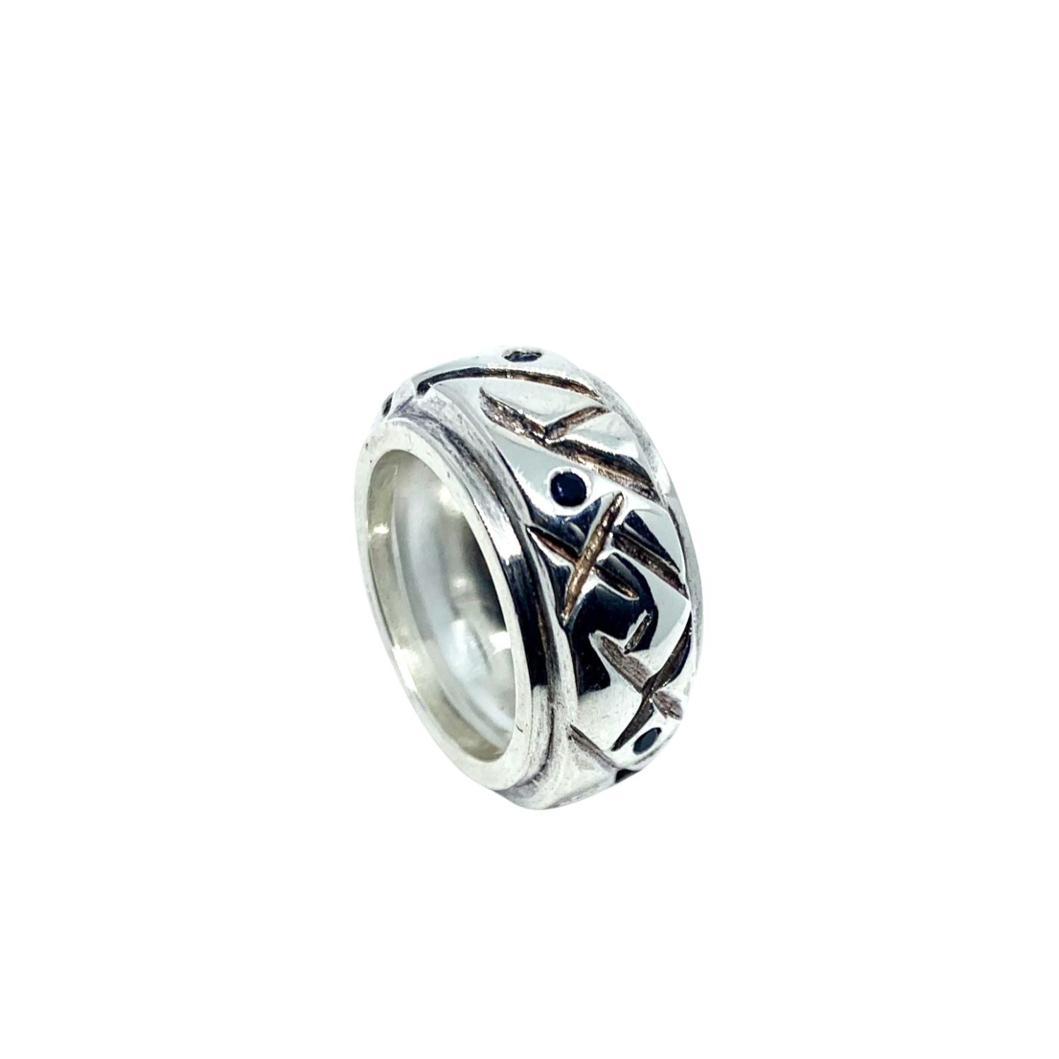 Sterling silver 925 abstract chunky ring set with 6 round 1.6mm sapphires, 10.66mm wide, handmade in Cornwall - Tg-Jewellery By Tamara Gervasio