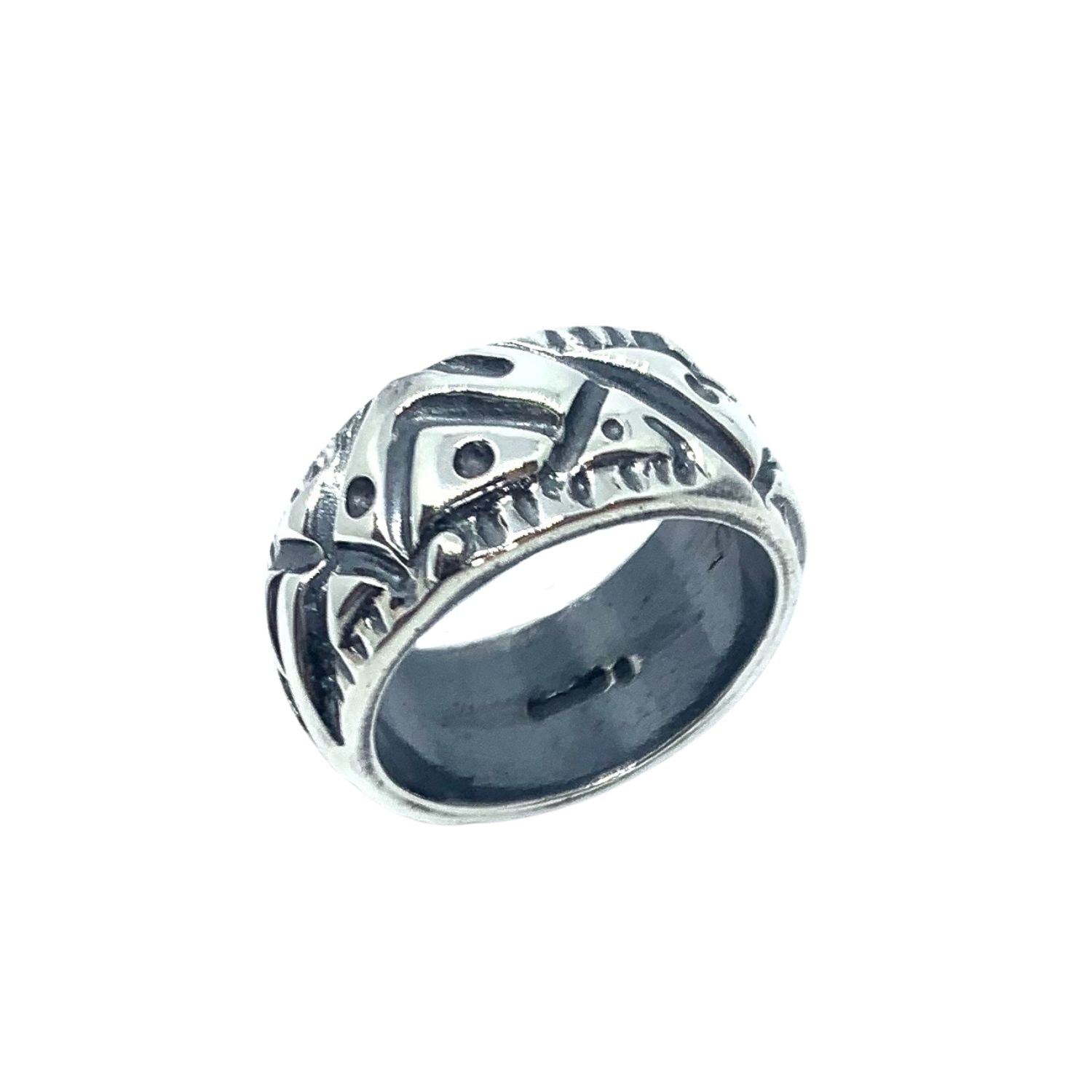 Sterling silver 925 abstract men's ring with asymmetric tribal-inspired surface design, 10.4mm wide, handmade in Cornwall