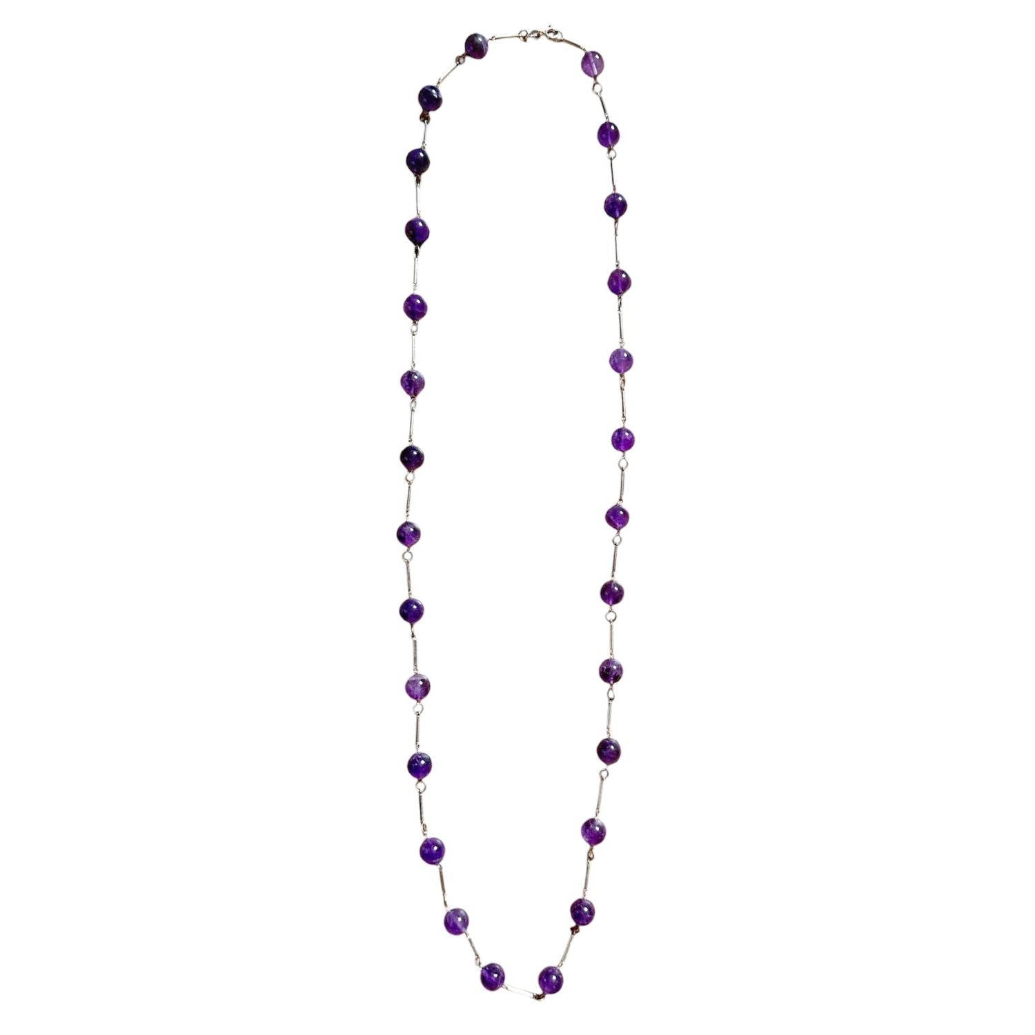 Handmade amethyst bead necklace in sterling silver 925 — 10mm natural purple stones, 34 inch length, one of a kind