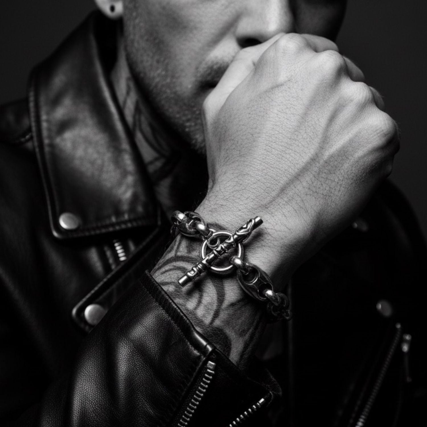 Model wearing sterling silver 925 Anchor Link 'Hit My Heart' T-Bar Bracelet, showing bold anchor link chain on wrist