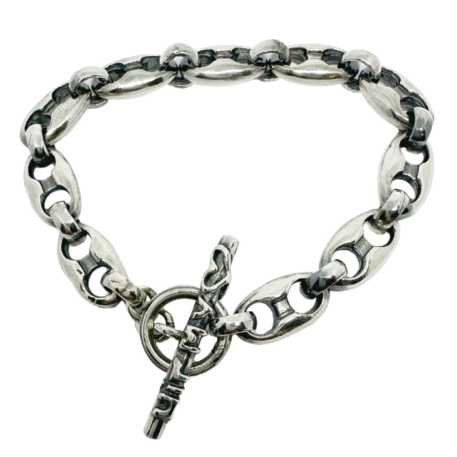 Sterling silver 925 Anchor Link T-Bar Bracelet with oxidised and polished finish, 9.7mm wide, 20cm closed - Tg-Jewellery By Tamara Gervasio