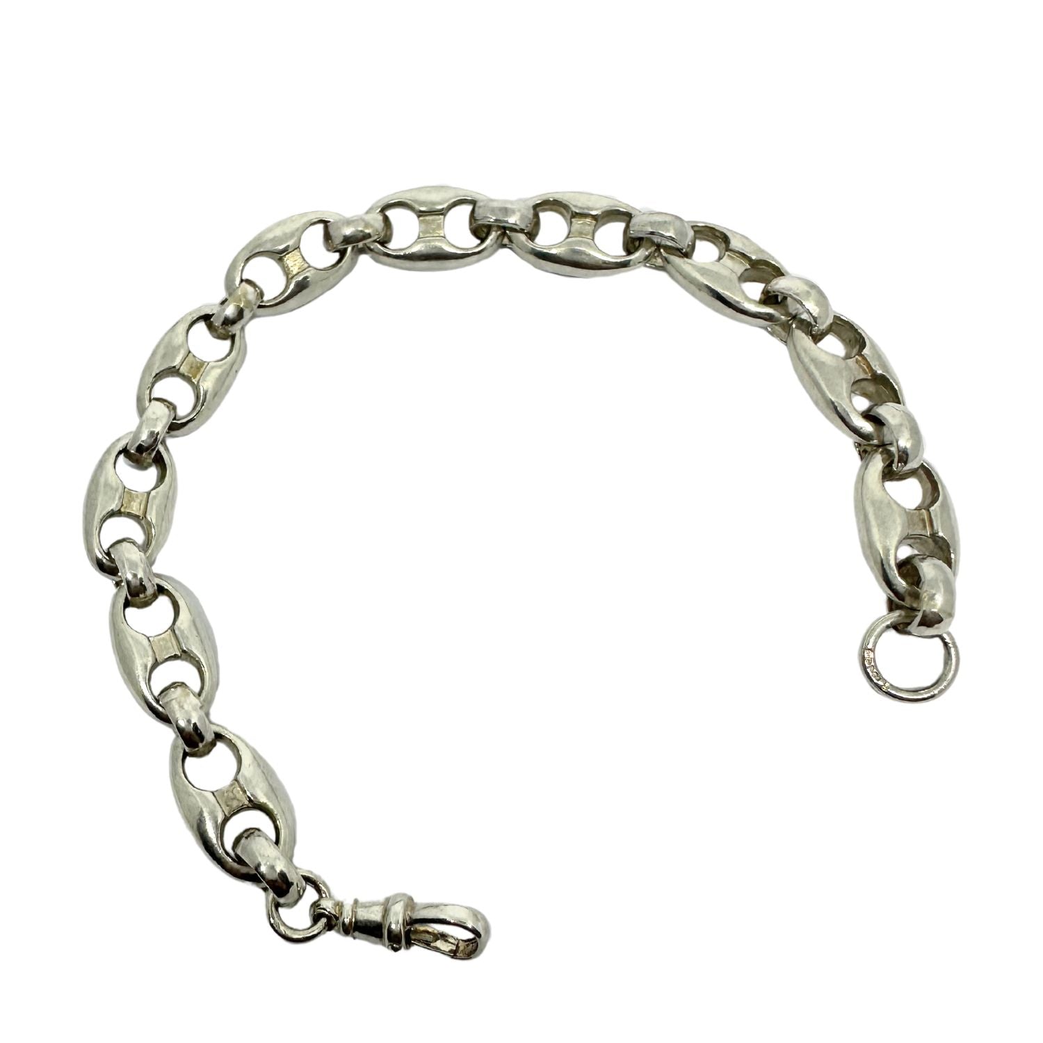 Close-up of sterling silver 925 Anchor Link Men's Bracelet showing hand-carved link detail and high polished surface - Tg-Jewellery By Tamara Gervasio
