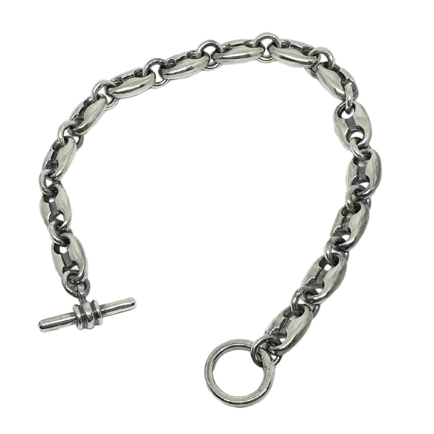Sterling silver 925 Anchor Link T-Bar Unisex Bracelet, 7.37mm wide, 21cm, polished and oxidised finish, handmade in Cornwall - Tg-Jewellery By Tamara Gervasio