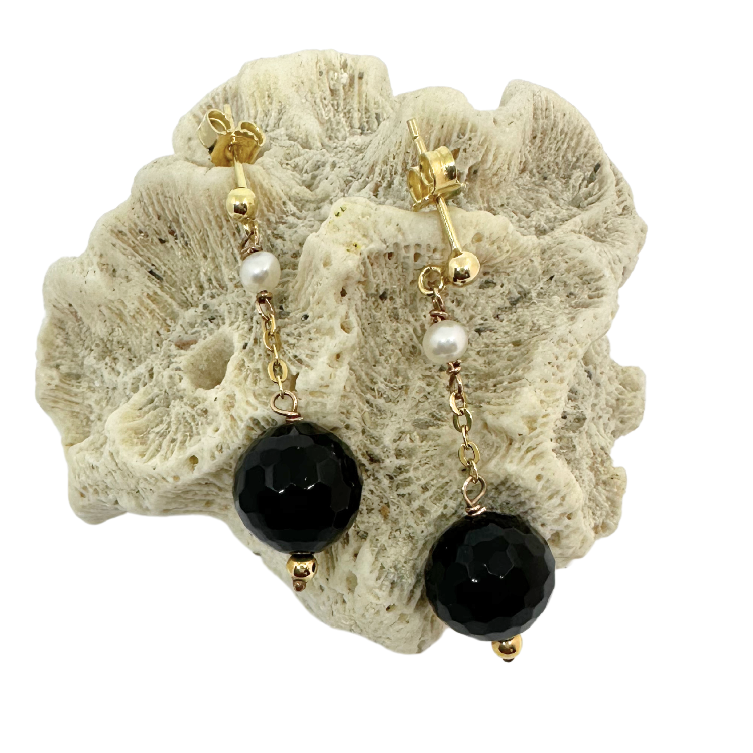 18K Yellow Gold Dangle Earrings with Pearls & Onyx – Recycled Gold - Tg-Jewellery By Tamara Gervasio