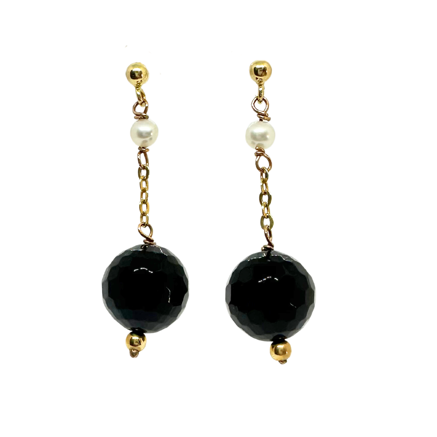 18K Yellow Gold Dangle Earrings with Pearls & Onyx – Recycled Gold - Tg-Jewellery By Tamara Gervasio
