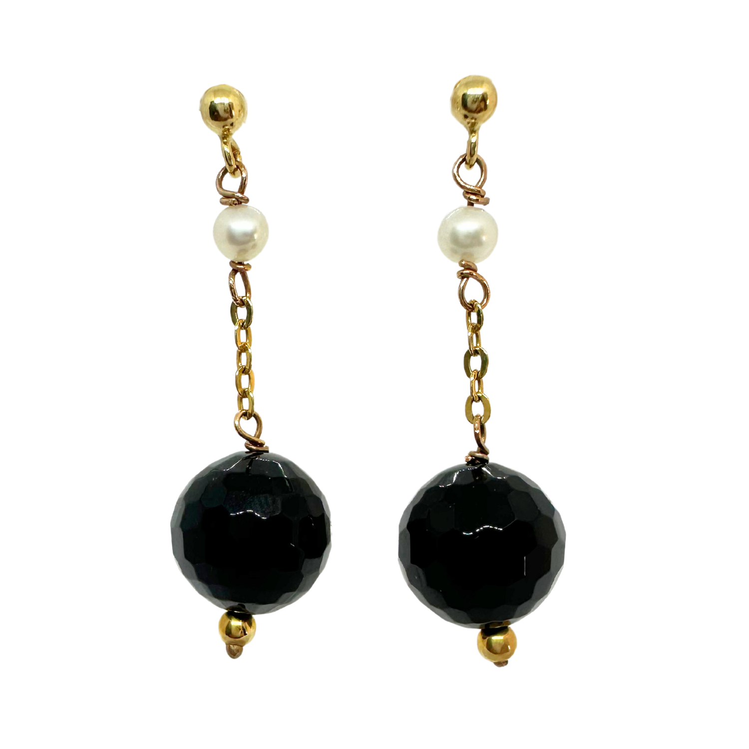 18K Yellow Gold Dangle Earrings with Pearls & Onyx – Recycled Gold - Tg-Jewellery By Tamara Gervasio