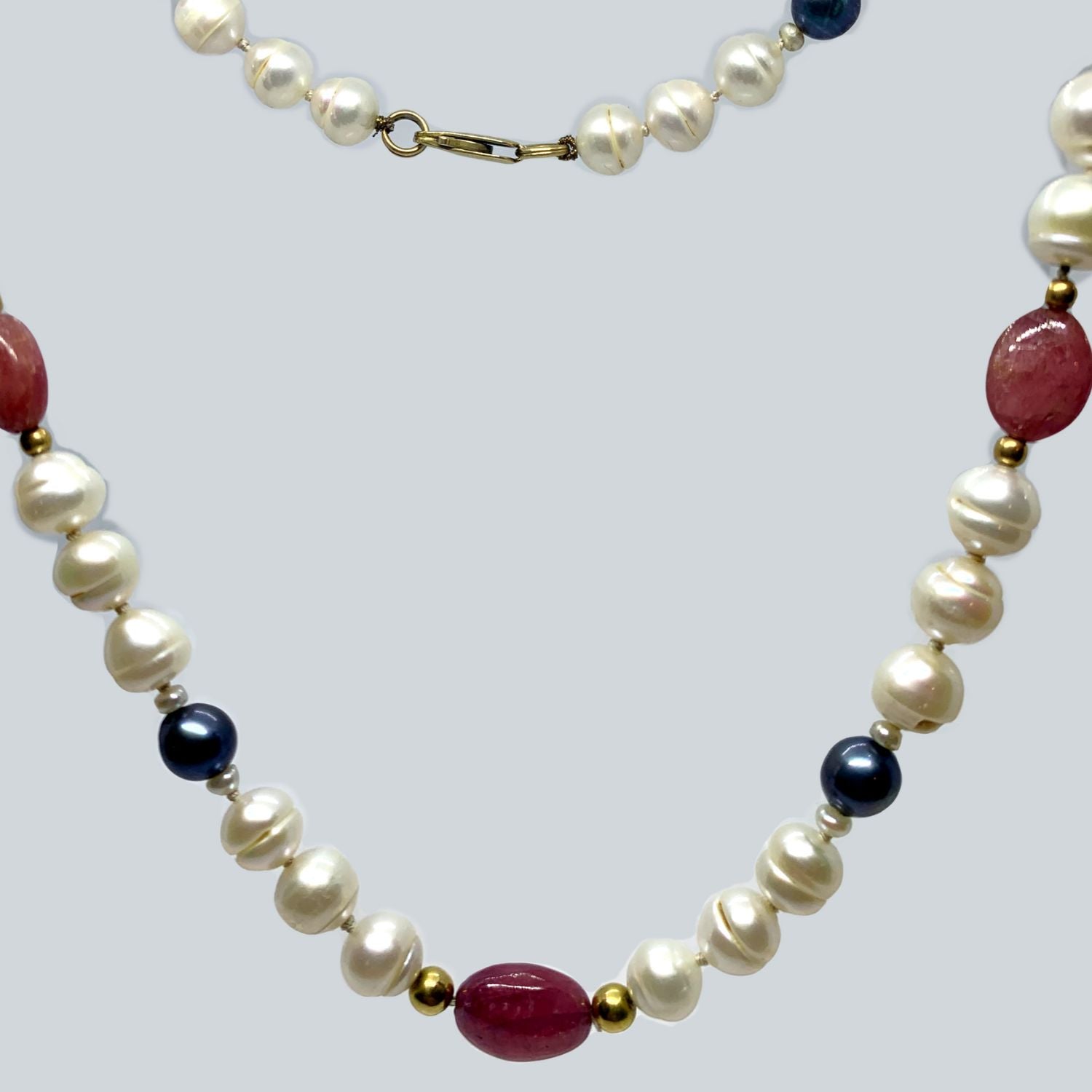 18ct Yellow Gold Necklace with Pearls & Rubies | Hand-Knotted Silk - Tg-Jewellery By Tamara Gervasio