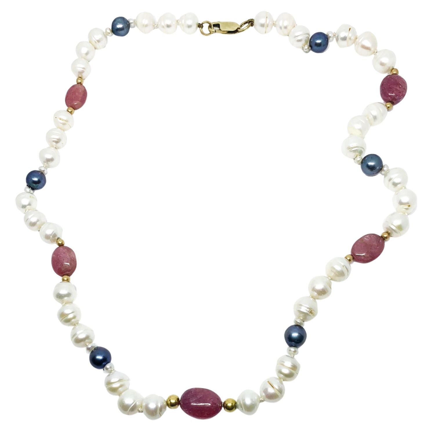 18ct Yellow Gold Necklace with Pearls & Rubies | Hand-Knotted Silk - Tg-Jewellery By Tamara Gervasio