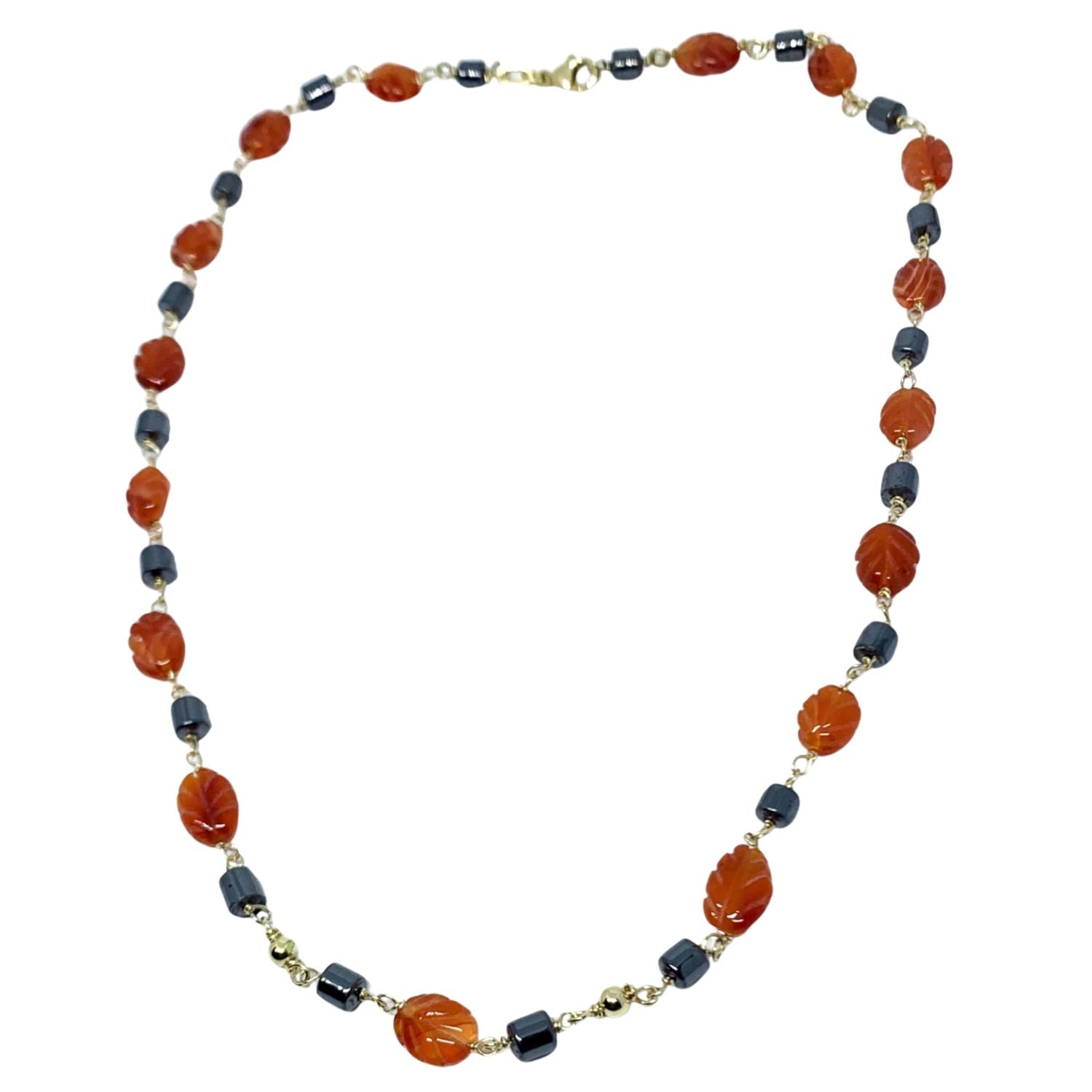 Carnelian Leaf & Hematite Necklace | 18K Yellow Gold - Tg-Jewellery By Tamara Gervasio