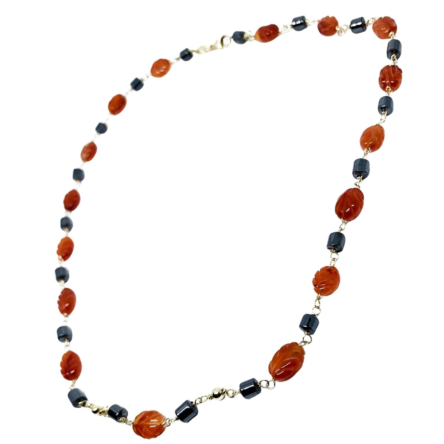 Carnelian Leaf & Hematite Necklace | 18K Yellow Gold - Tg-Jewellery By Tamara Gervasio