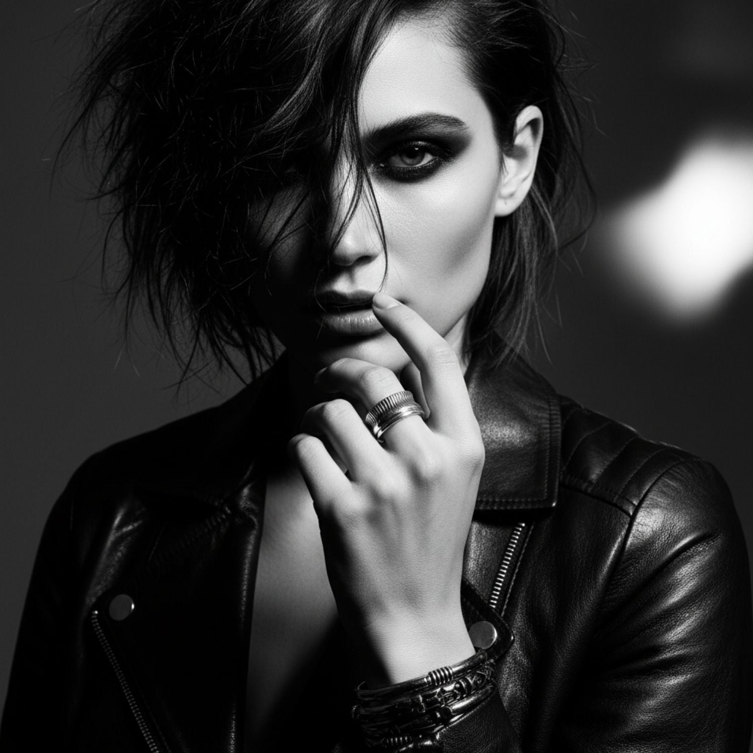 Model wearing sterling silver 925 Barrel Ring, compact sculptural presence and oxidised surface on hand