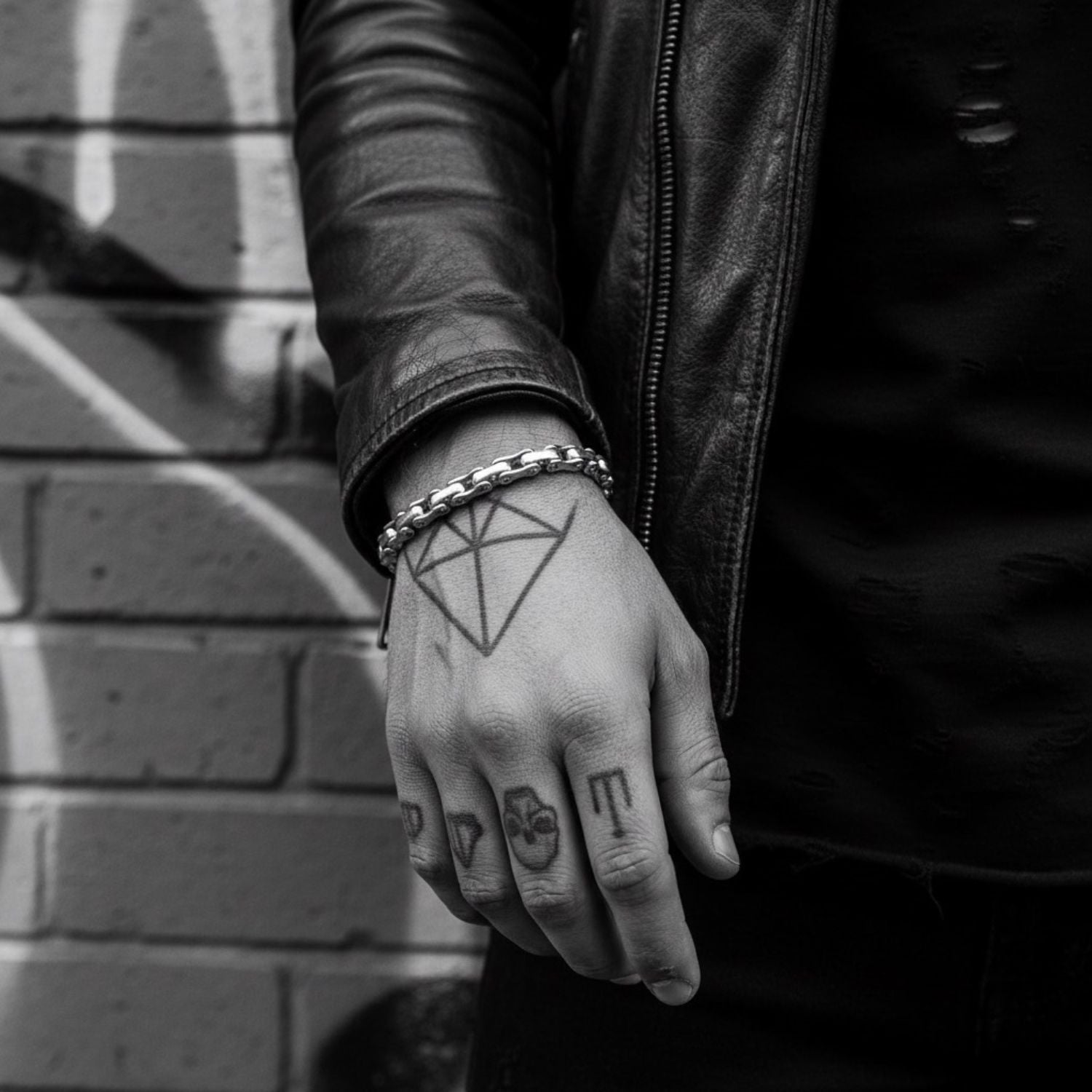 Model wearing sterling silver 925 Biker Link Bracelet, handcrafted chain links and brushed finish on wrist
