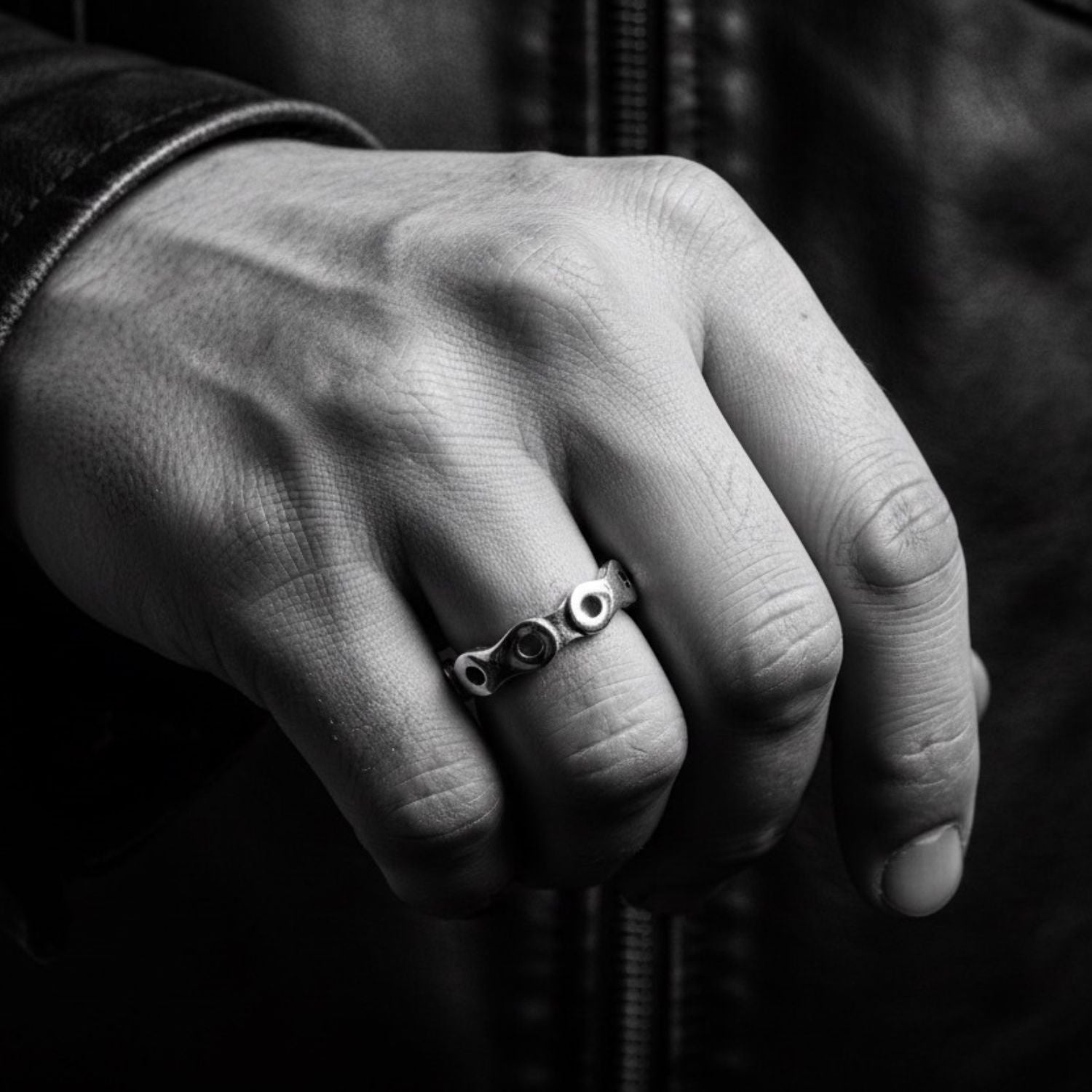 Model wearing sterling silver 925 Bikers Band Ring, motorcycle chain band design and understated presence on hand