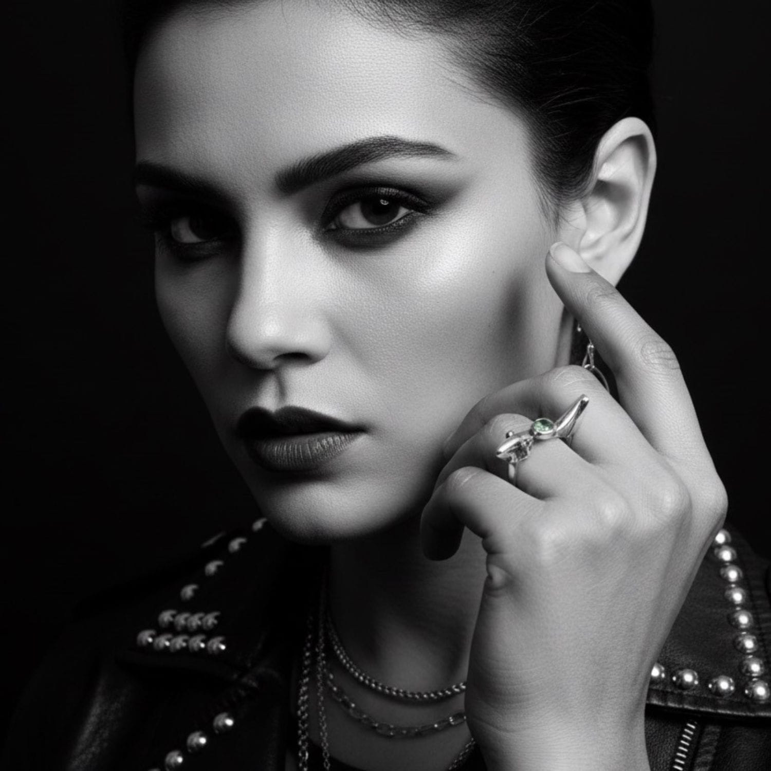 Model wearing sterling silver 925 Bird ring with green glitter enamel – TG-Jewellery
