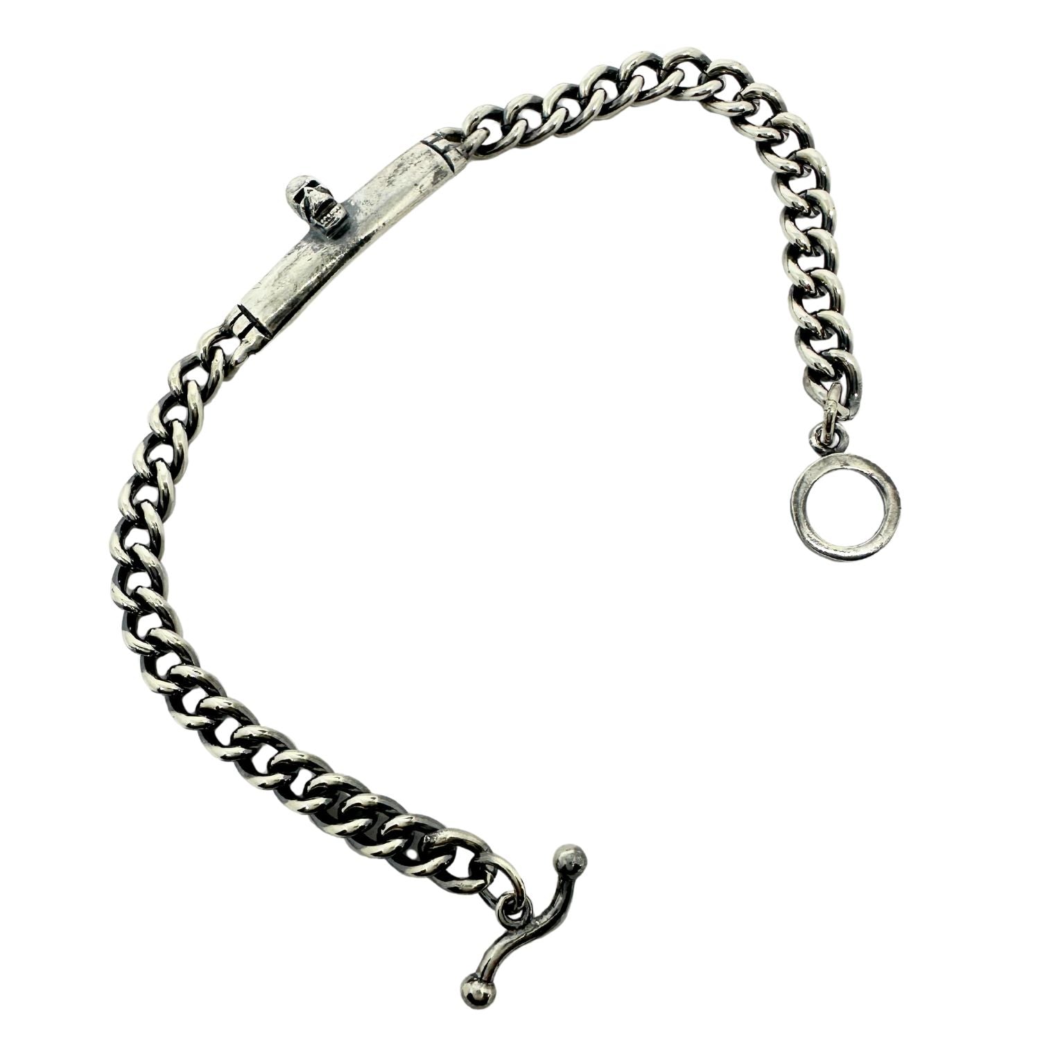 Men’s Skull Plate Bracelet – Sterling Silver 925, Handmade Round Curb Chain, T-Bar Clasp - Tg-Jewellery By Tamara Gervasio