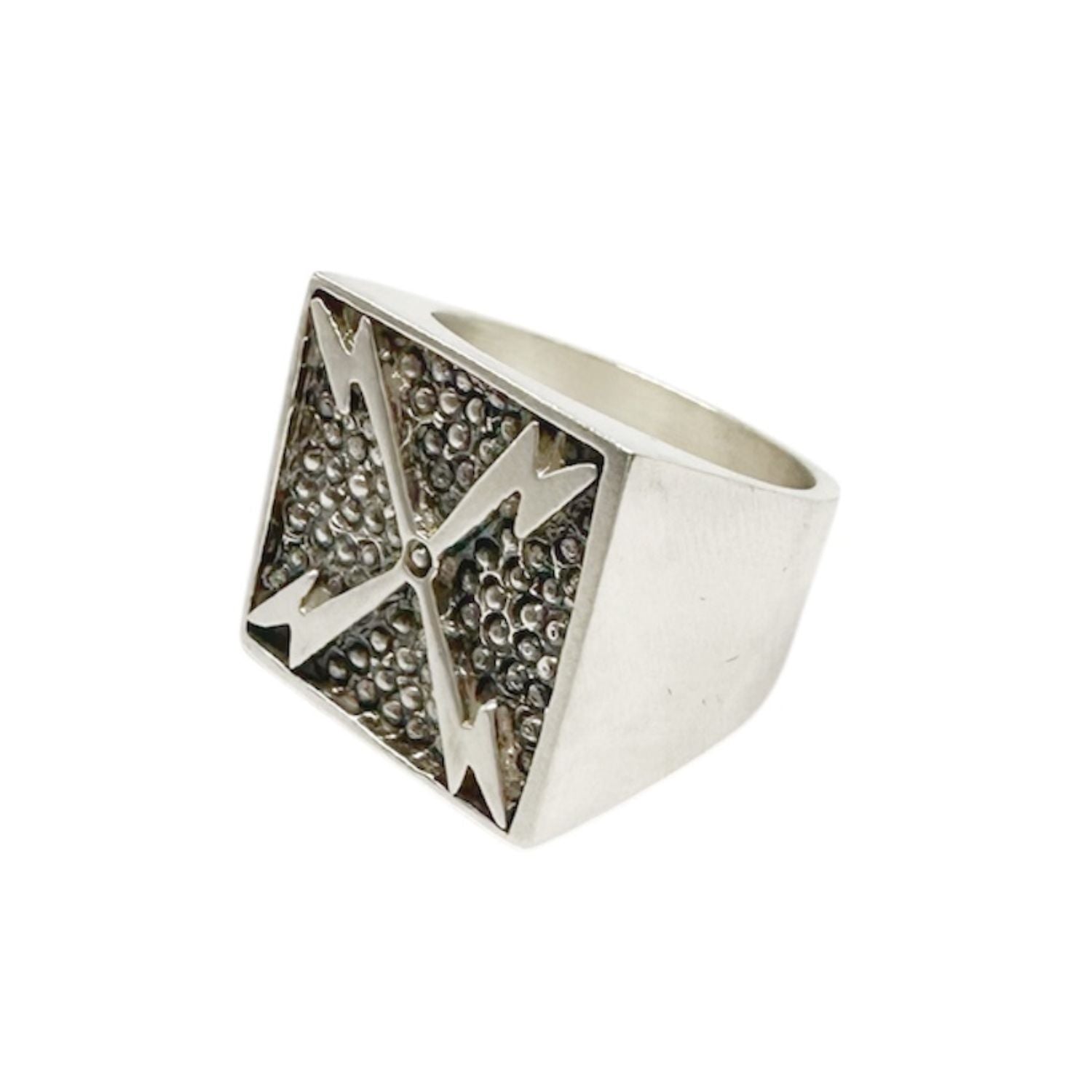 Sterling silver 925 Bold Thunder Ring with lightning bolt motif and oxidised textured surface, 21x22mm top, handmade in Cornwall