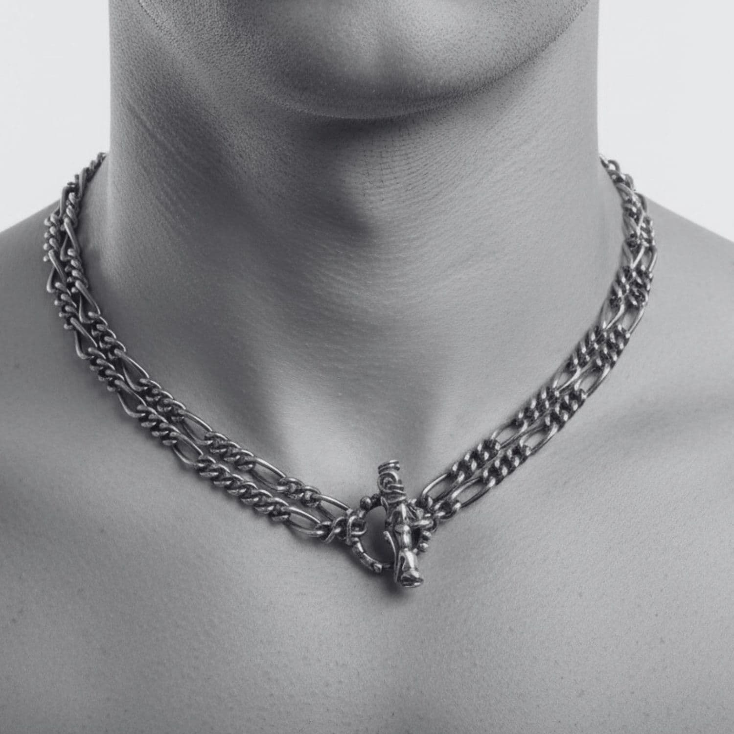 Celtic Dog sterling silver choker worn on model — men's statement necklace with T-bar clasp, handcrafted by TG Jewellery