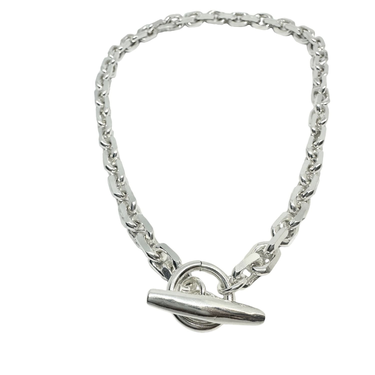 Full view of chunky rectangular trace choker with T-bar clasp, 62.9g, UK hallmarked, handmade in Cornwall - Tg-Jewellery By Tamara Gervasio