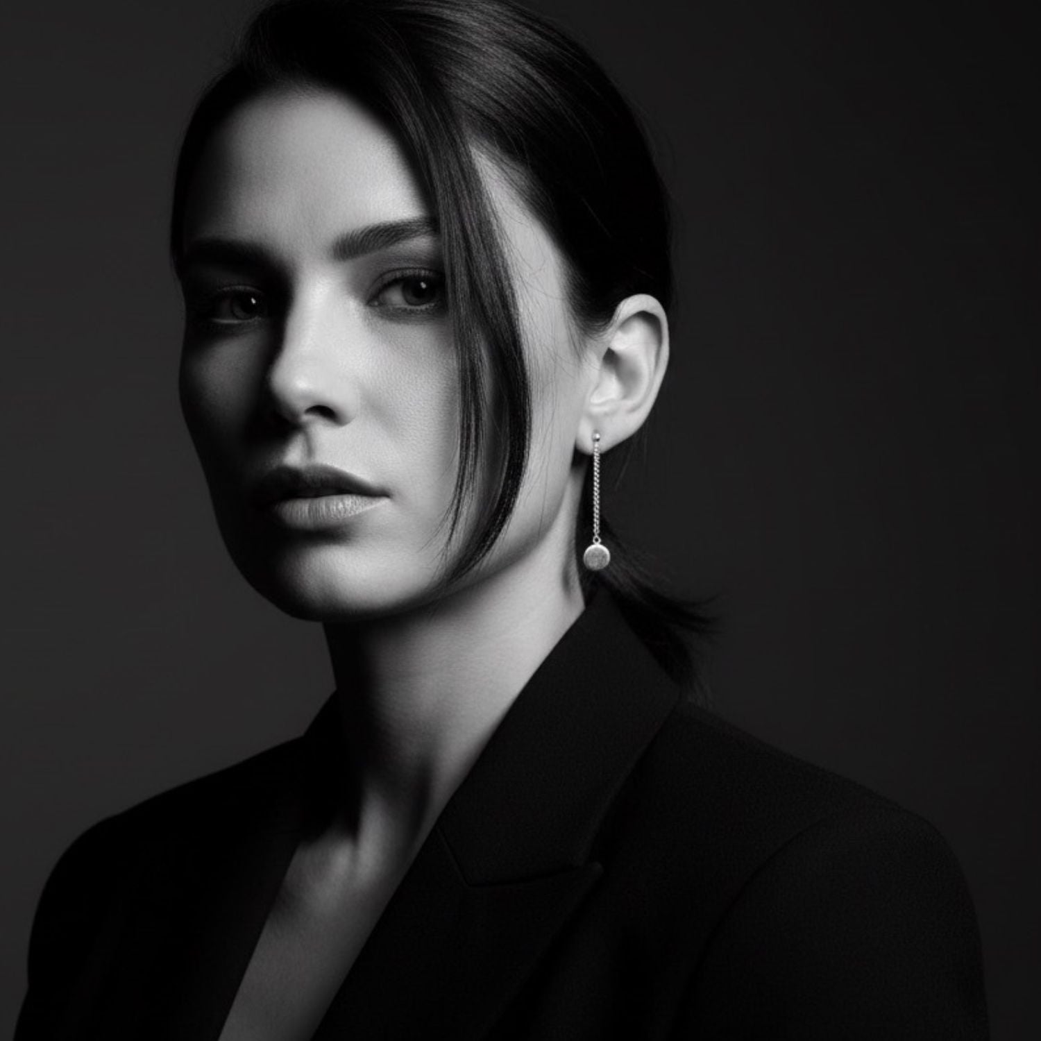 Model wearing sterling silver 925 circle drop chain earrings, 4.5cm length, showing movement and scale