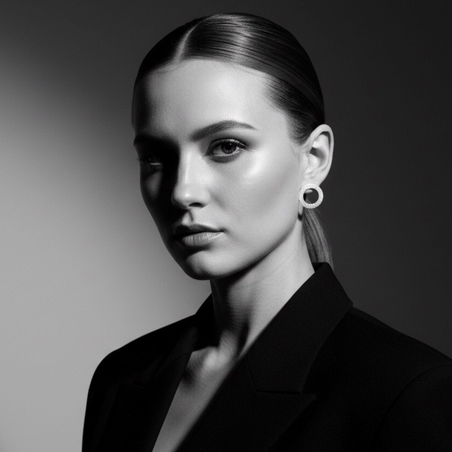 Model wearing sterling silver 925 circular satin stud earrings, showing scale and minimal sculptural presence