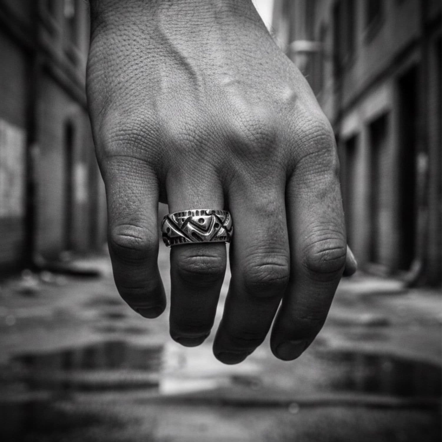 Hand wearing a chunky ring with a blurred urban background
