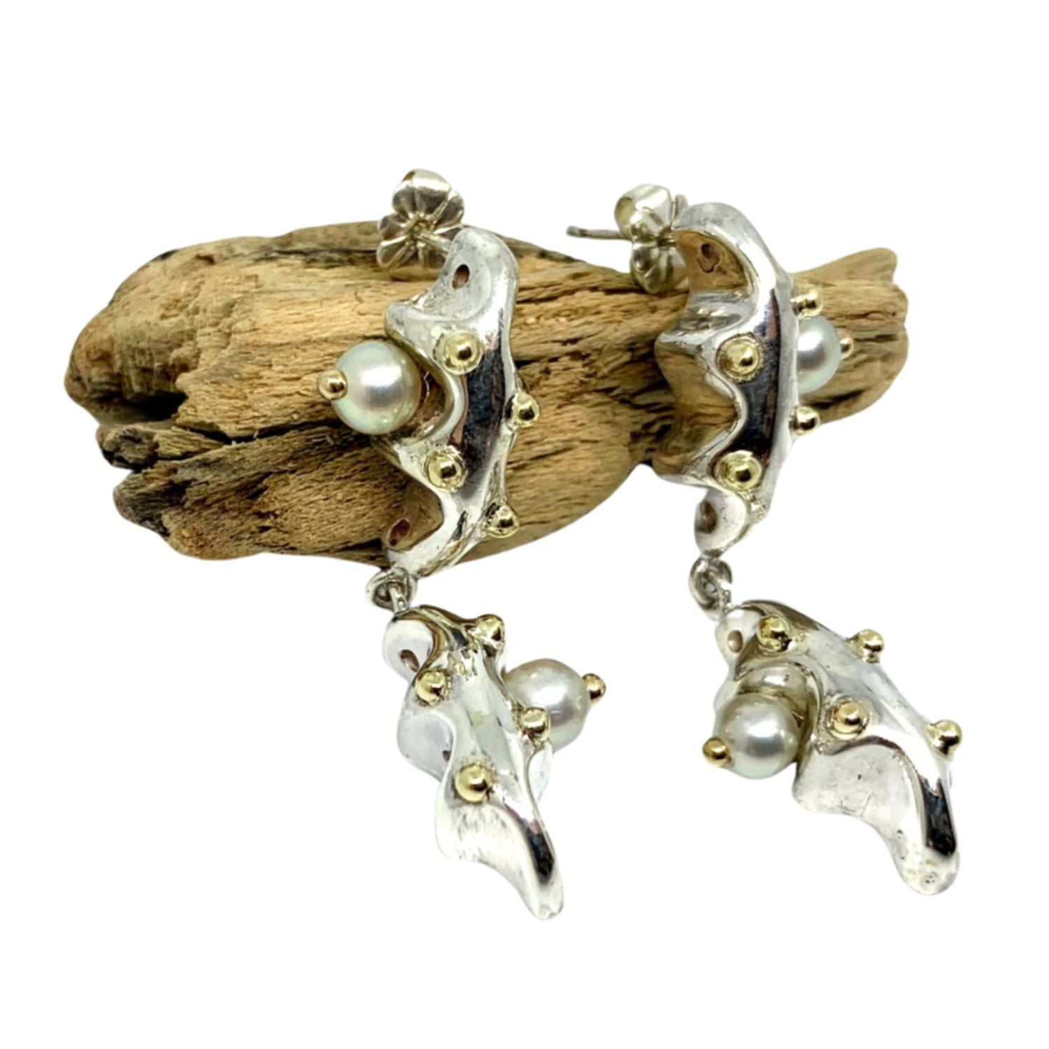 Sea Slug Earrings | Sterling Silver 925, Pearls & 18ct Yellow Gold - Tg-Jewellery By Tamara Gervasio