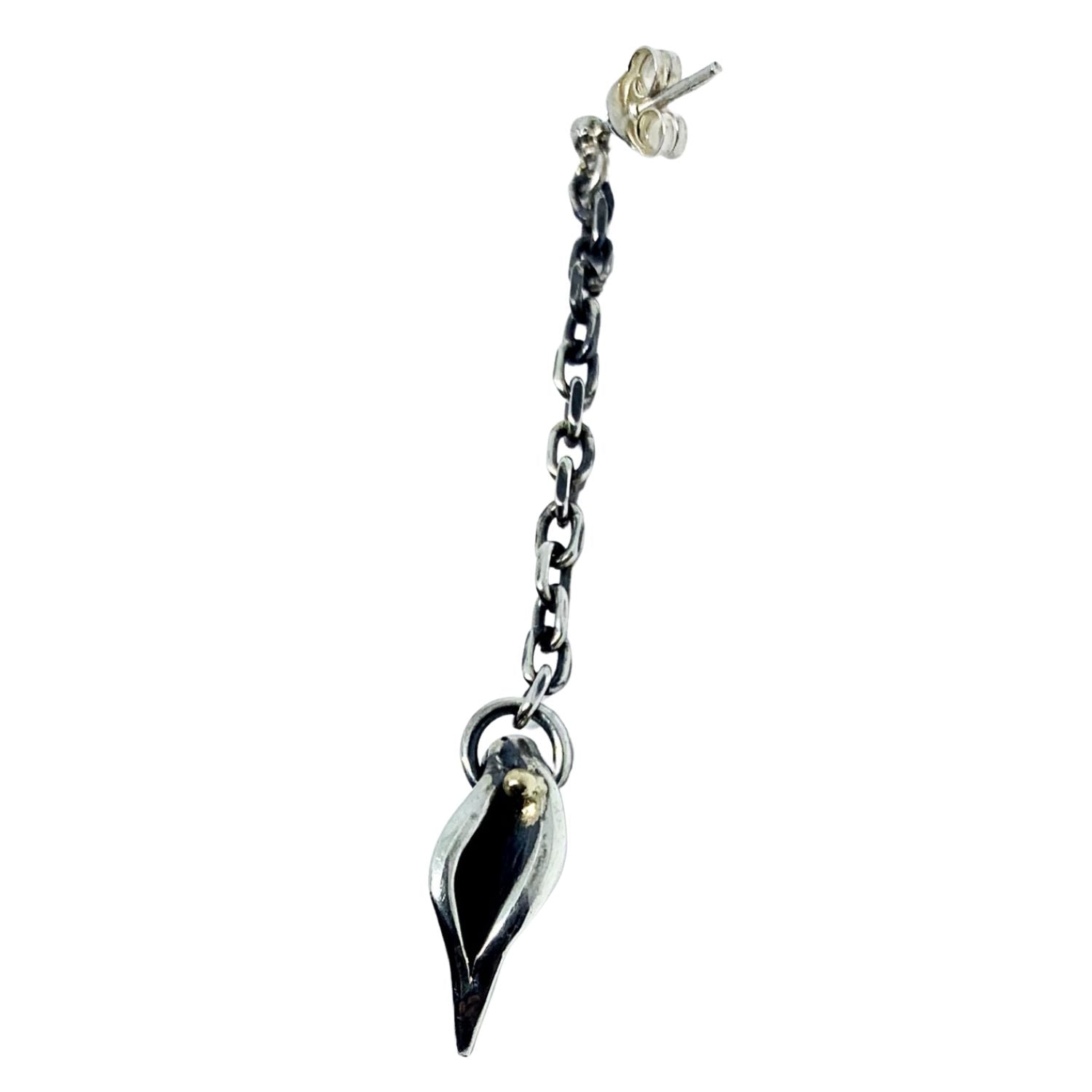 Erotika earring detail showing 9ct yellow gold accent ball against polished sterling silver 925, lost wax craftsmanship - Tg-Jewellery By Tamara Gervasio