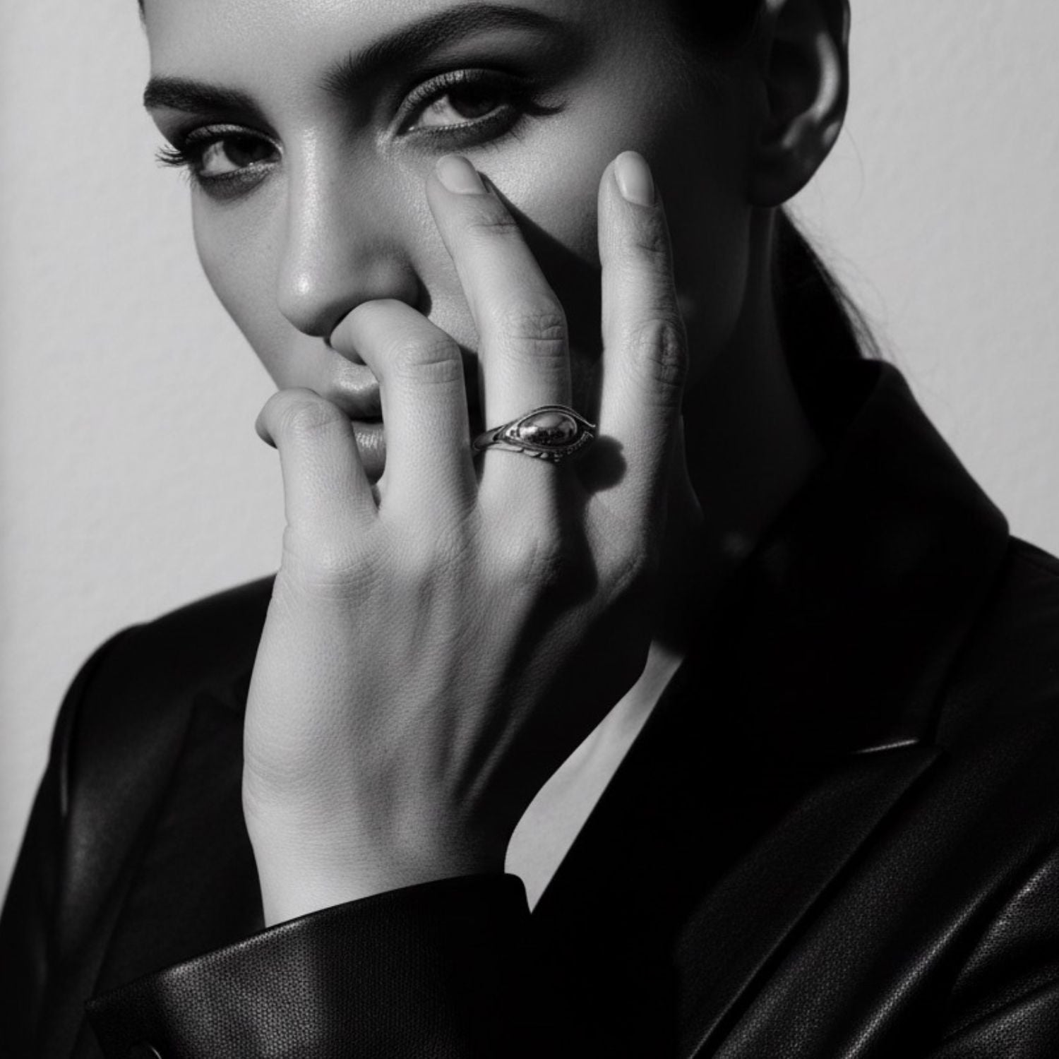 Model wearing sterling silver 925 Eyes ring from the Abyss Collection – TG-Jewellery