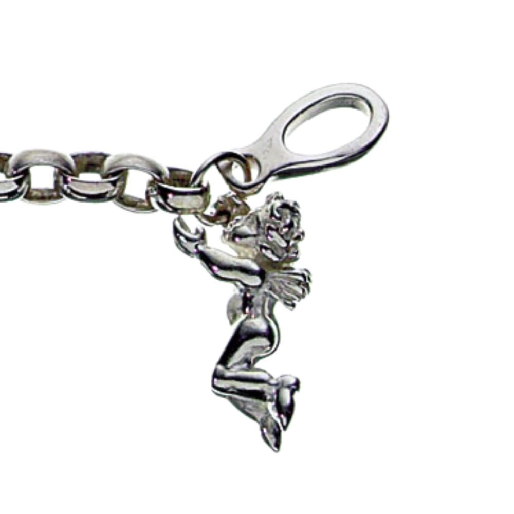 A close-up of a sterling silver chain bracelet featuring a dangling cherub charm with wings, handmade by Tg-Jewellery
