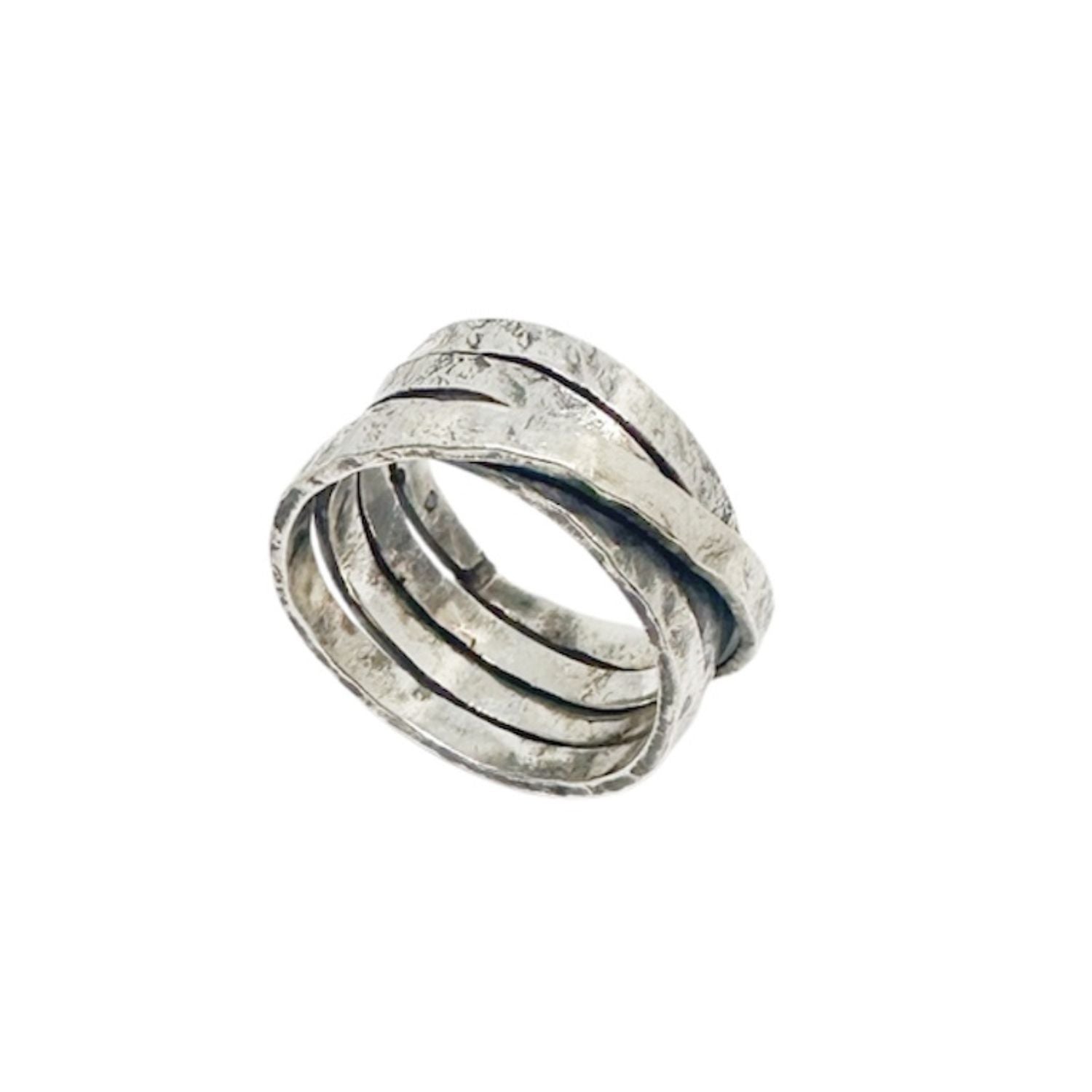 Recycled sterling silver 925 Fasce Ring with layered sculptural bands and hammered finish, 8.57mm wide, handmade in the UK