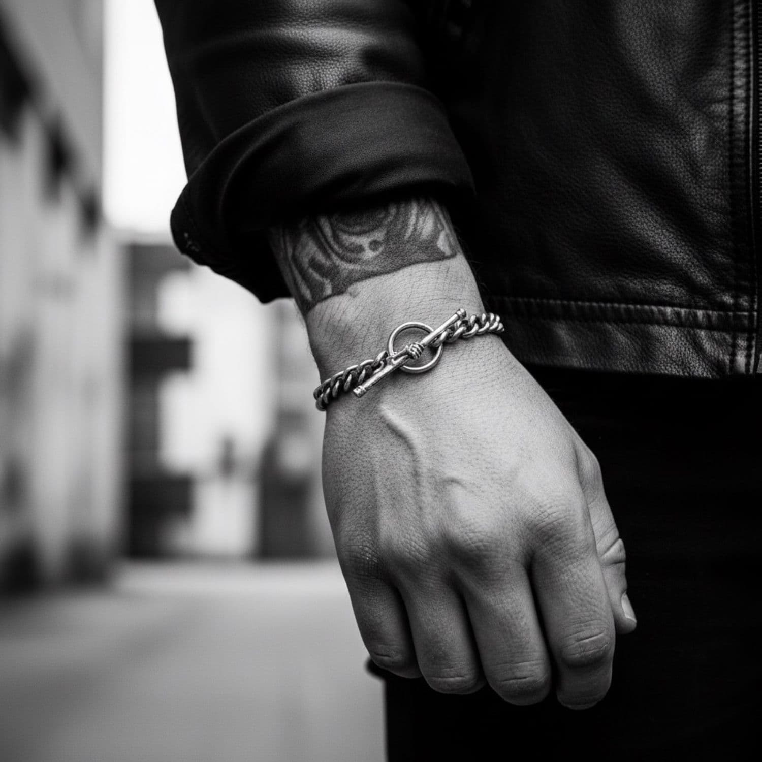 Model wearing 5mm curb chain bracelet with skeletal hand T-bar in sterling silver 925 – Tg-Jewellery by Tamara Gervasio