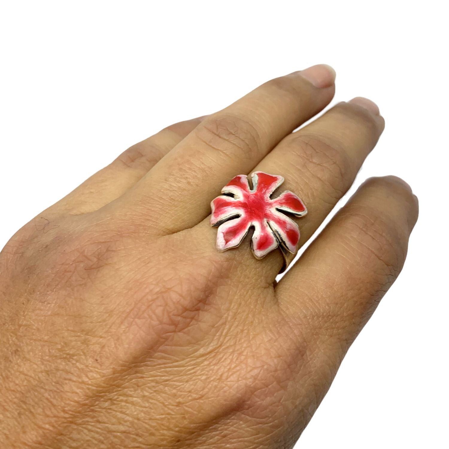 Flower Ring worn– Sterling Silver 925 with White & Red Enamel - Tg-Jewellery By Tamara Gervasio