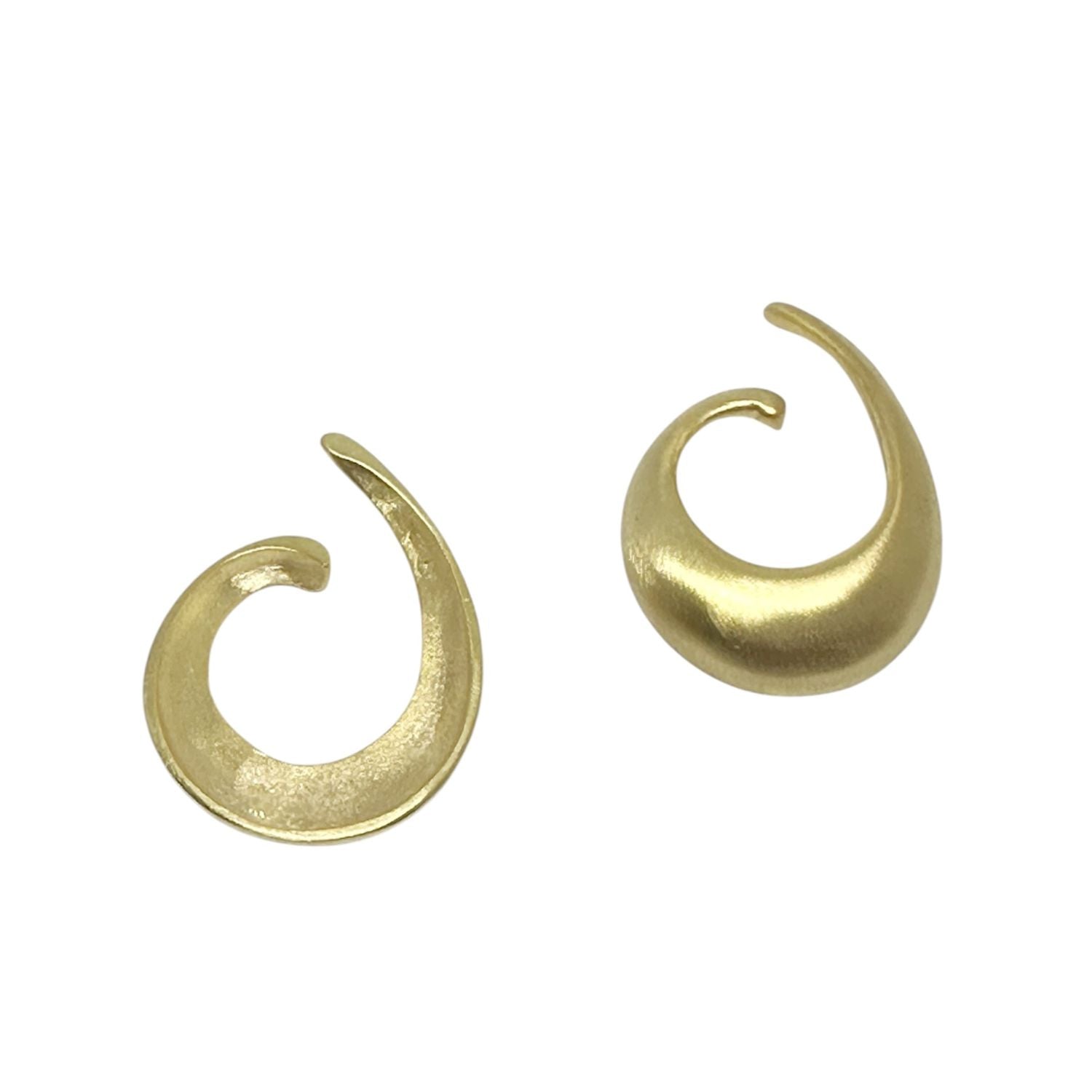 A pair of gold flush-plated ear cuffs earrings with a textured matte finish, front and back view. Tg-Jewellery By Tamara Gervasio