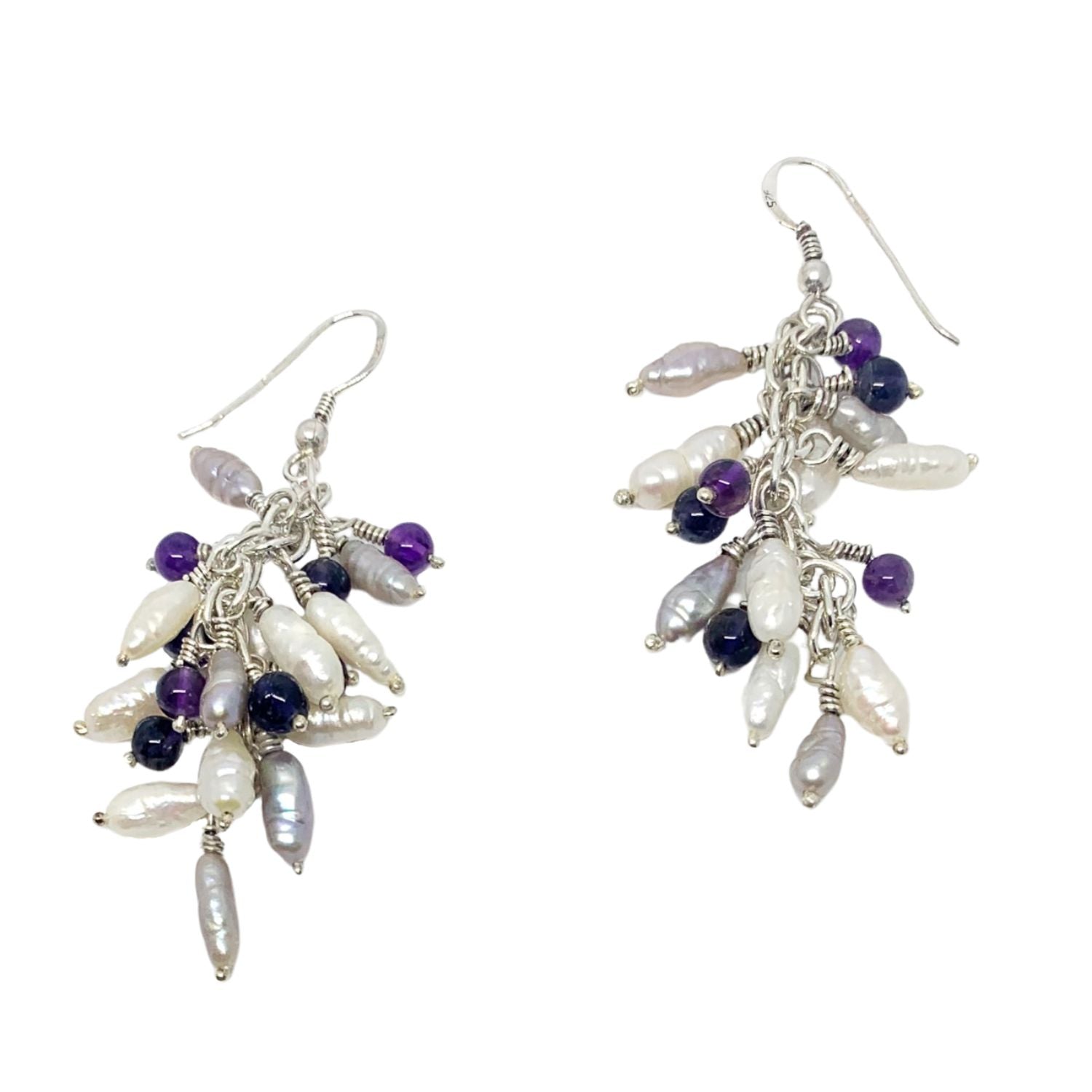 Handcrafted recycled sterling silver Grappolo drop earrings with freshwater pearls, amethyst and iolite 7cm - Tg-Jewellery By Tamara Gervasio