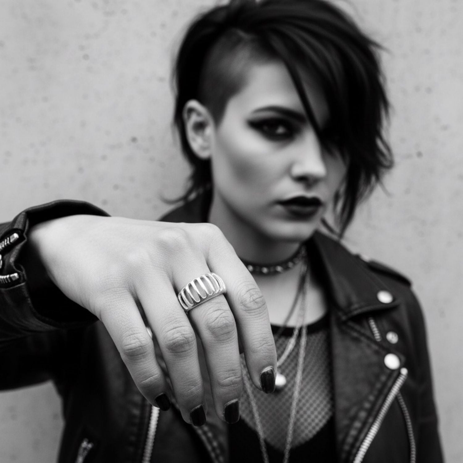 Model wearing sterling silver 925 Grill Band Ring, showing architectural grill pattern and sculptural egg-shaped presence on hand – TG-Jewellery