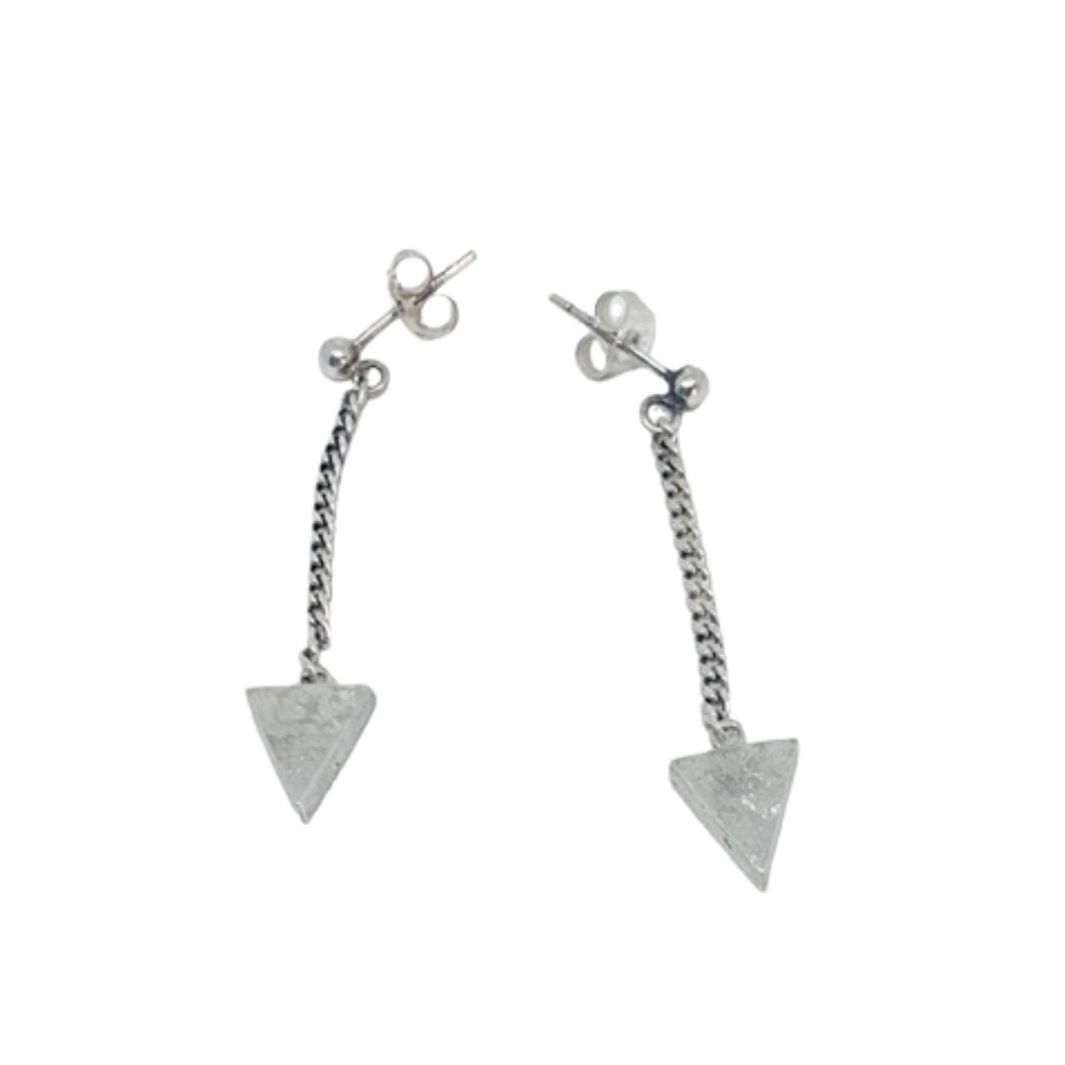 Hammered triangle drop stud earrings in sterling silver 925, lost wax cast with curb chain, handmade in Cornwall by TG-Jewellery