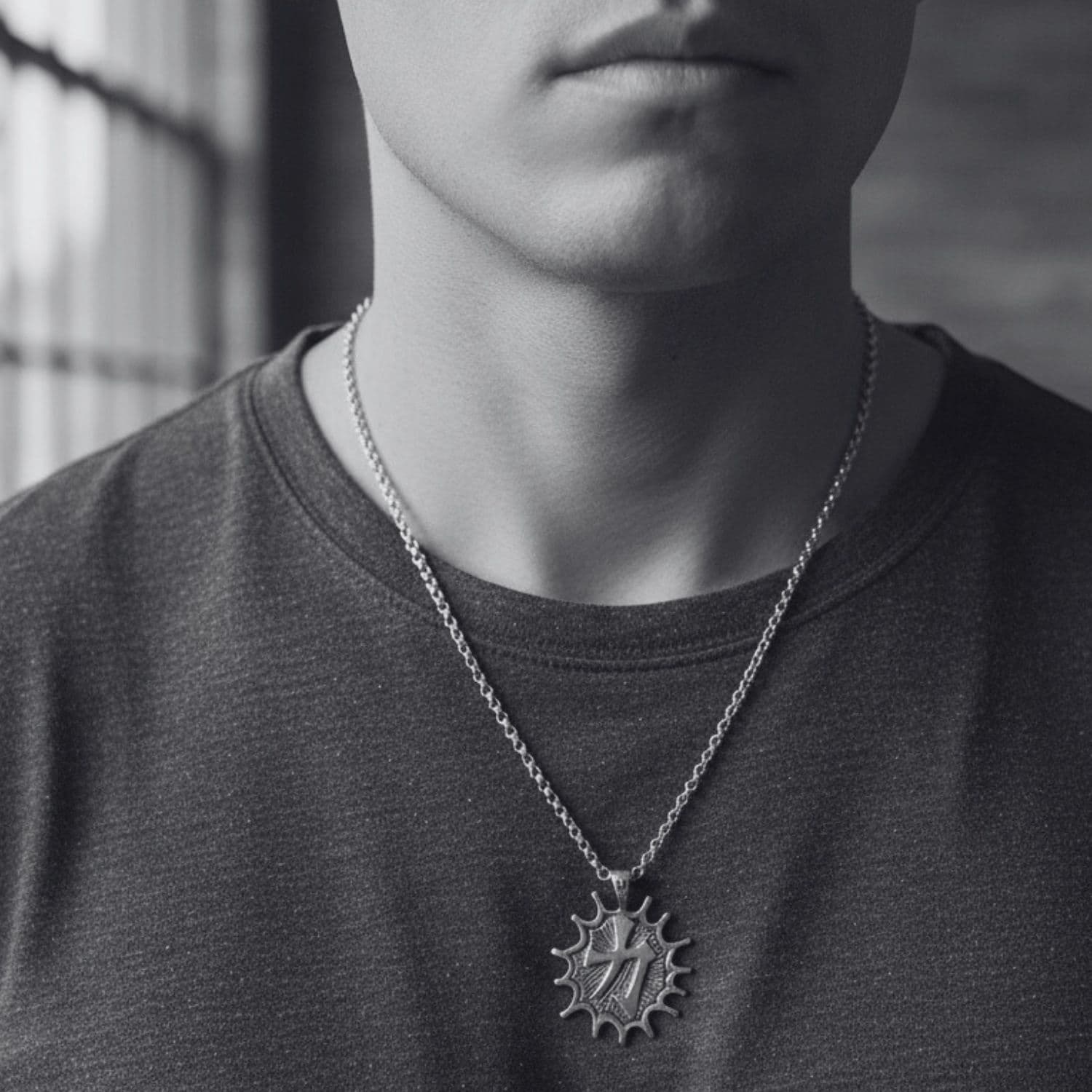 Japanese symbol pendant necklace worn on model, front view showing Power symbol – TG-Jewellery