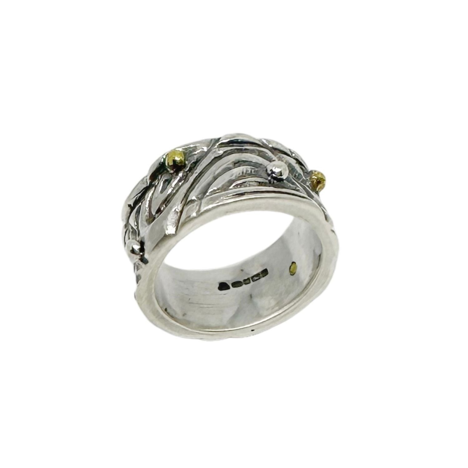 Side profile showing 9.80mm sculptural band and oxidised surface depth