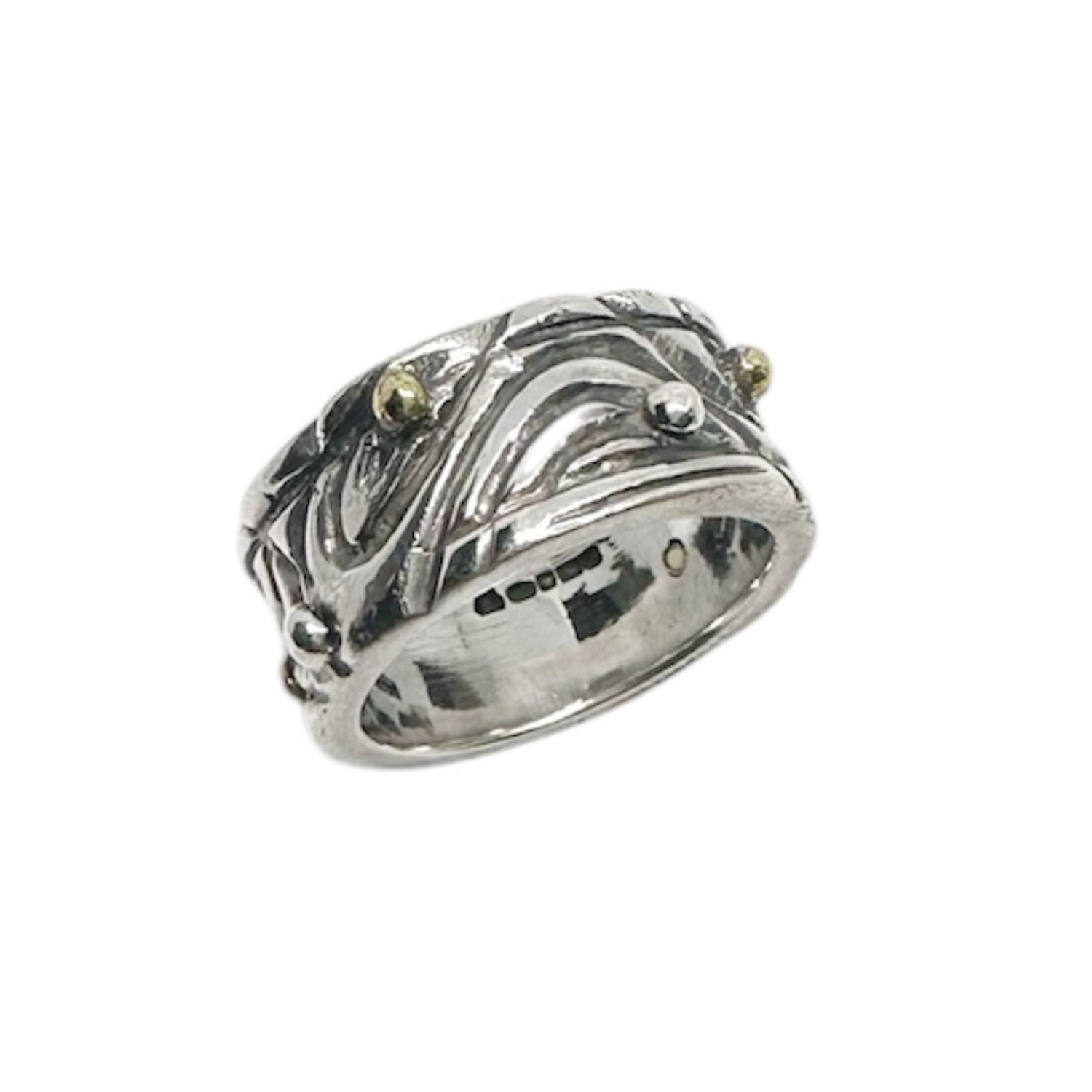 Sterling silver 925 and brass Le Linee Pebbles Ring with oxidised and polished finish, 9.80mm wide, handmade in Cornwall