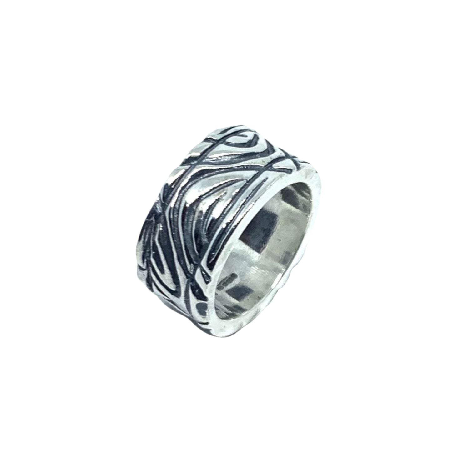 Sterling silver 925 Le Linee Ring with flowing organic line design and oxidised polished finish, 9.80mm wide, handmade in Cornwall