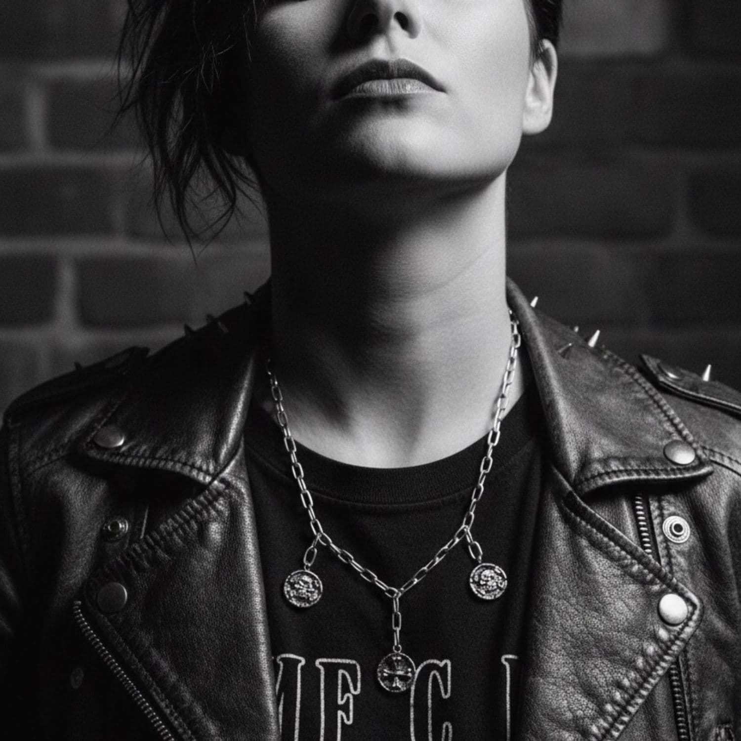 Model wearing medaglie skull and crossed bones necklace in sterling silver 925 – Tg-Jewellery by Tamara Gervasio