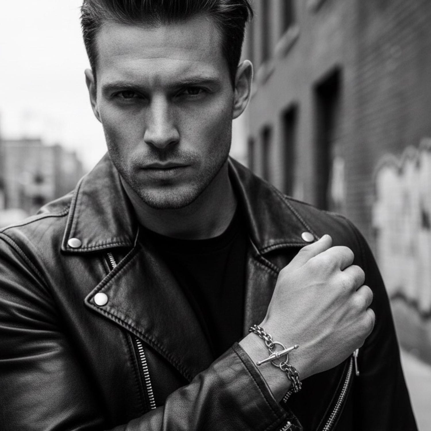 Men's double anchor chain sterling silver bracelet worn on wrist, bold handcrafted jewellery UK