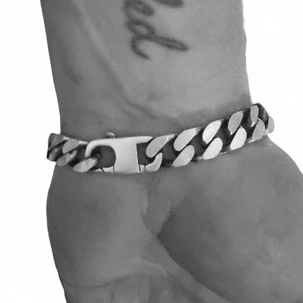 9mm curb chain link detail on men's recycled sterling silver ID bracelet, solid silver handmade jewellery UK