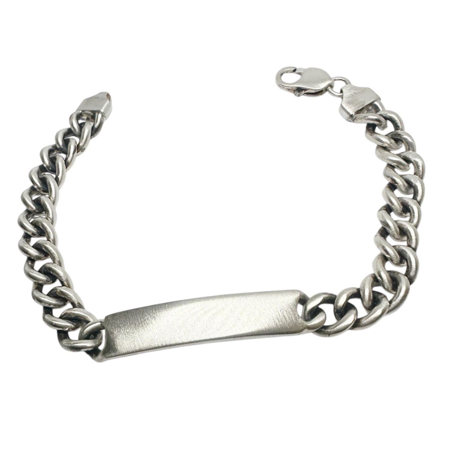 Men's sterling silver ID bracelet with satin oxidised plate, full length view — TG-Jewellery