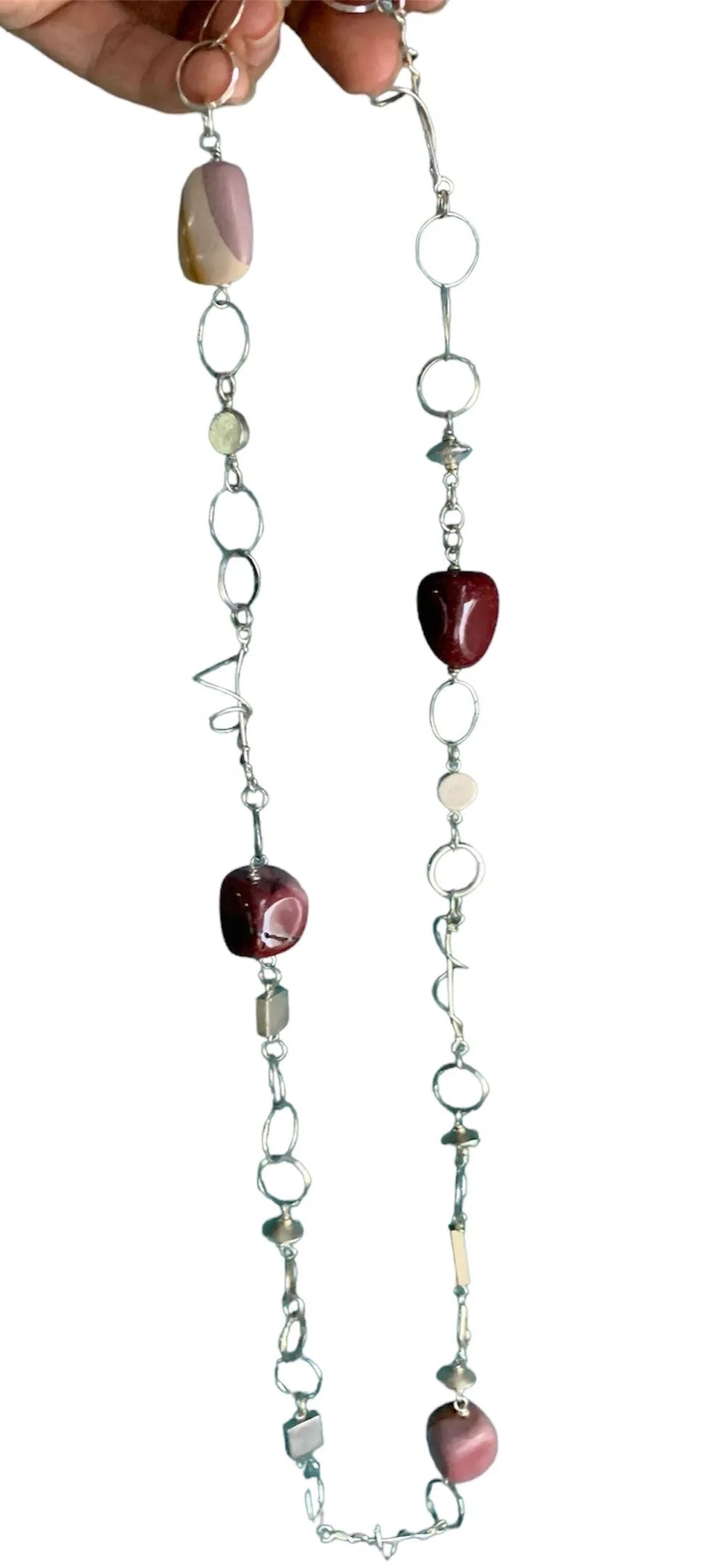 Full length view of one-of-a-kind Mookaite Jasper necklace in recycled sterling silver 925, approx. 64.5g - Tg-Jewellery By Tamara Gervasio